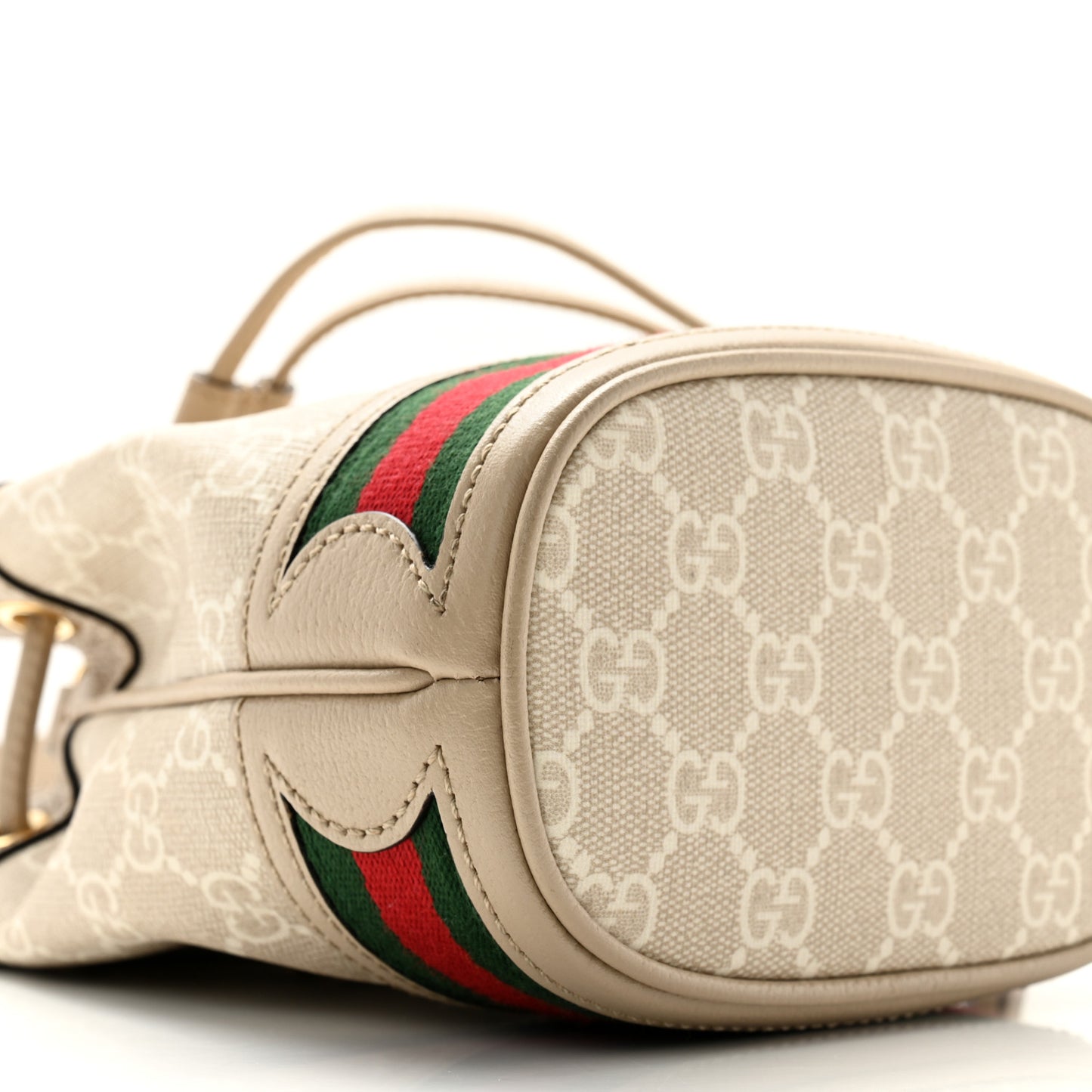 GG Supreme Monogram Textured Calfskin Web Mini Ophidia Bucket Bag Beige Mystic White Oatmeal