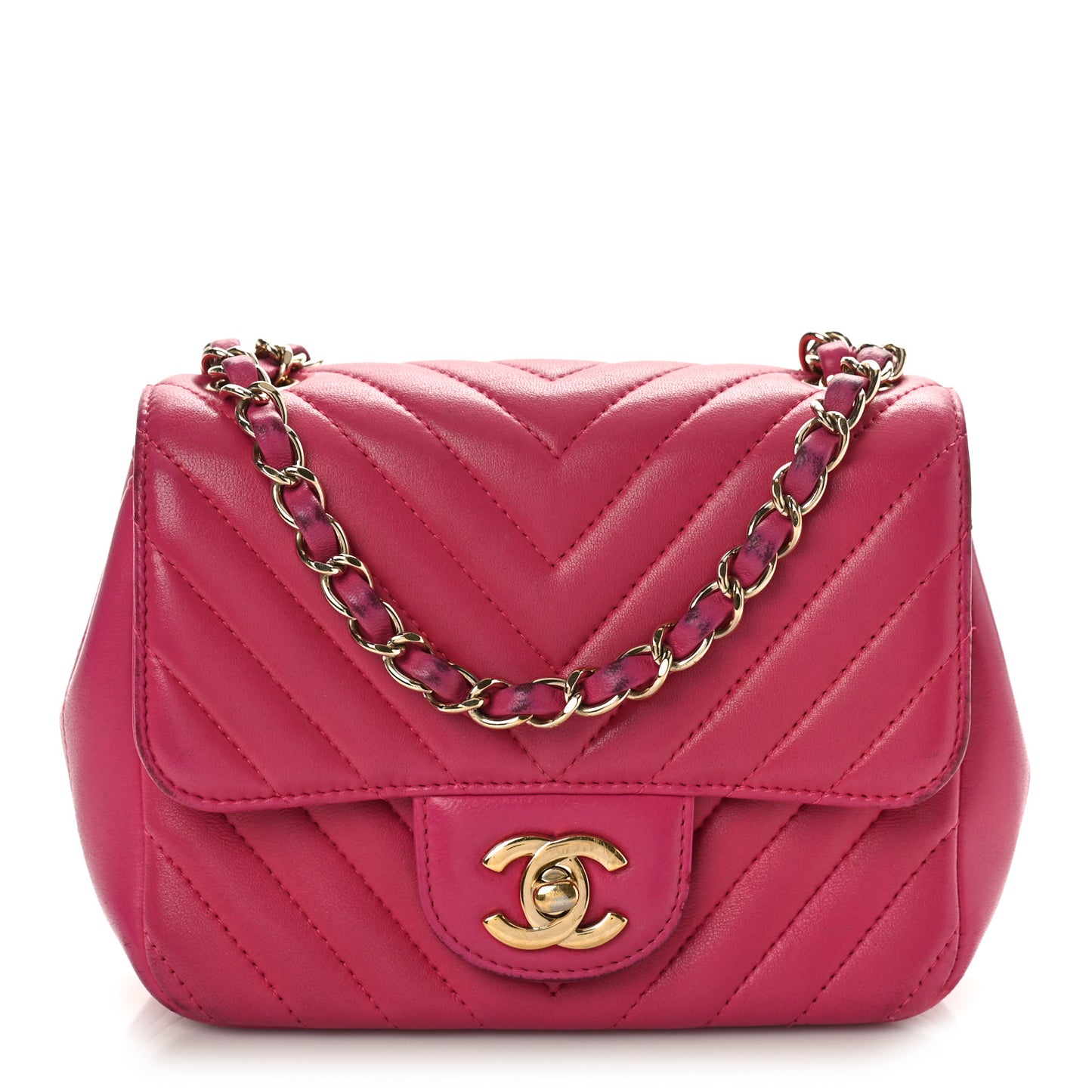 Lambskin Chevron Quilted Mini Square Flap Fuchsia