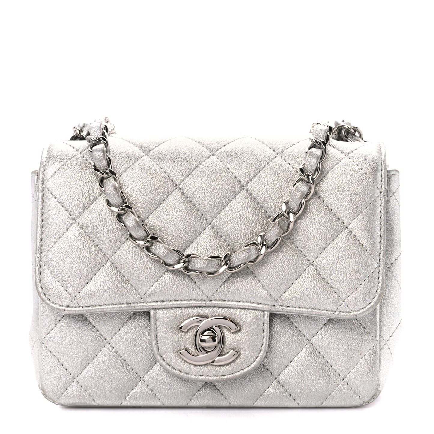 Metallic Lambskin Quilted Mini Square Flap Silver