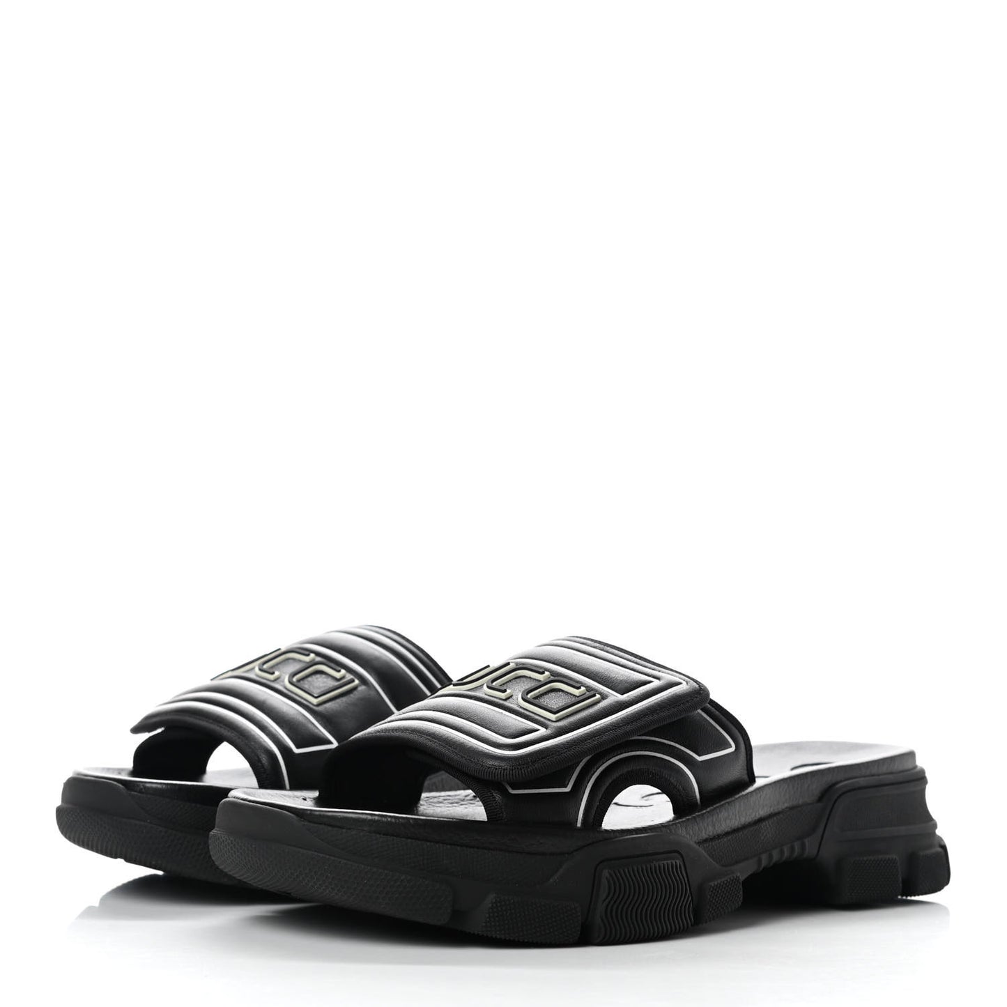 Nappa Grosgrain Logo Mens Velcro Chunky Slide Sandals 7 Black