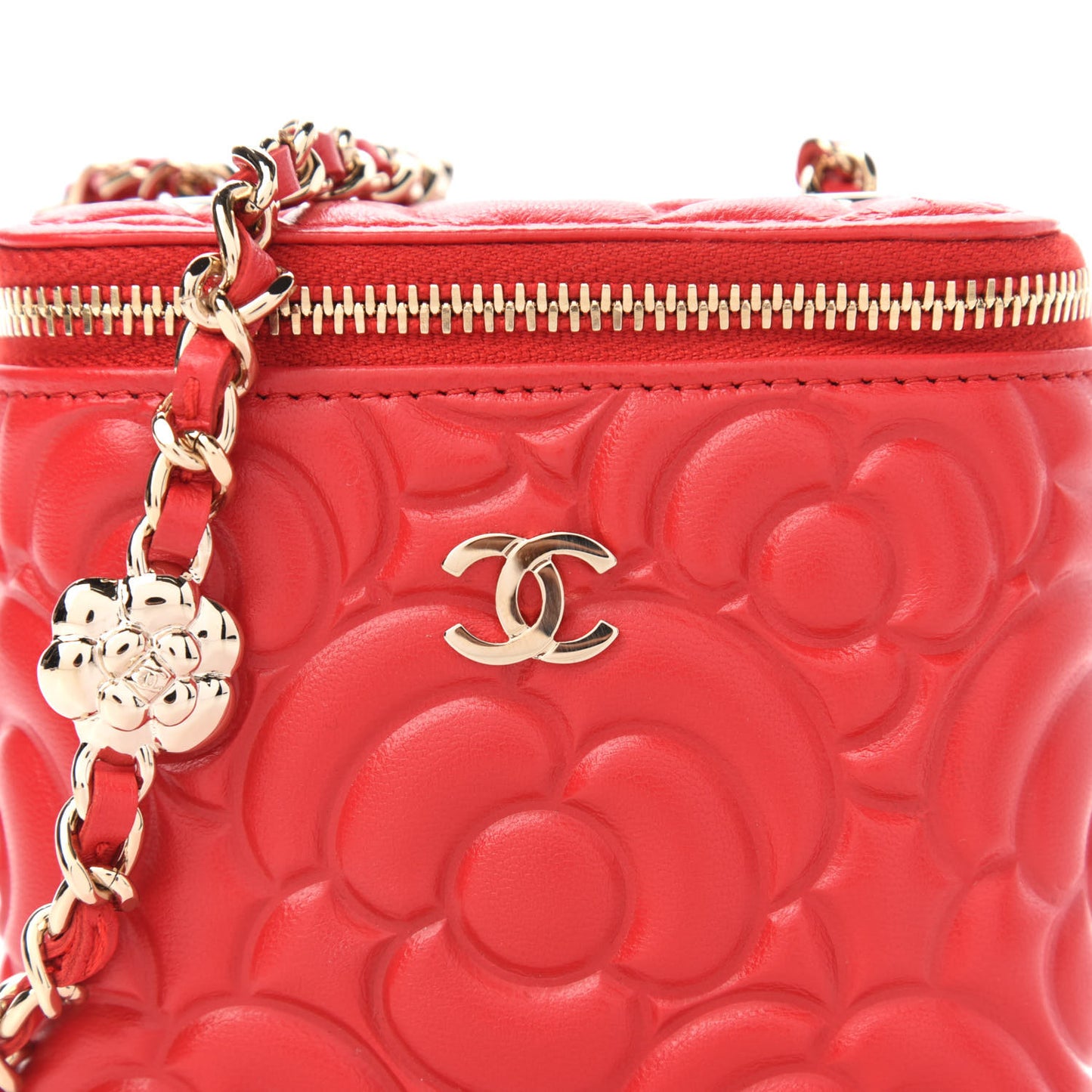 Lambskin Camellia Embossed Mini Vanity Case With Chain Red