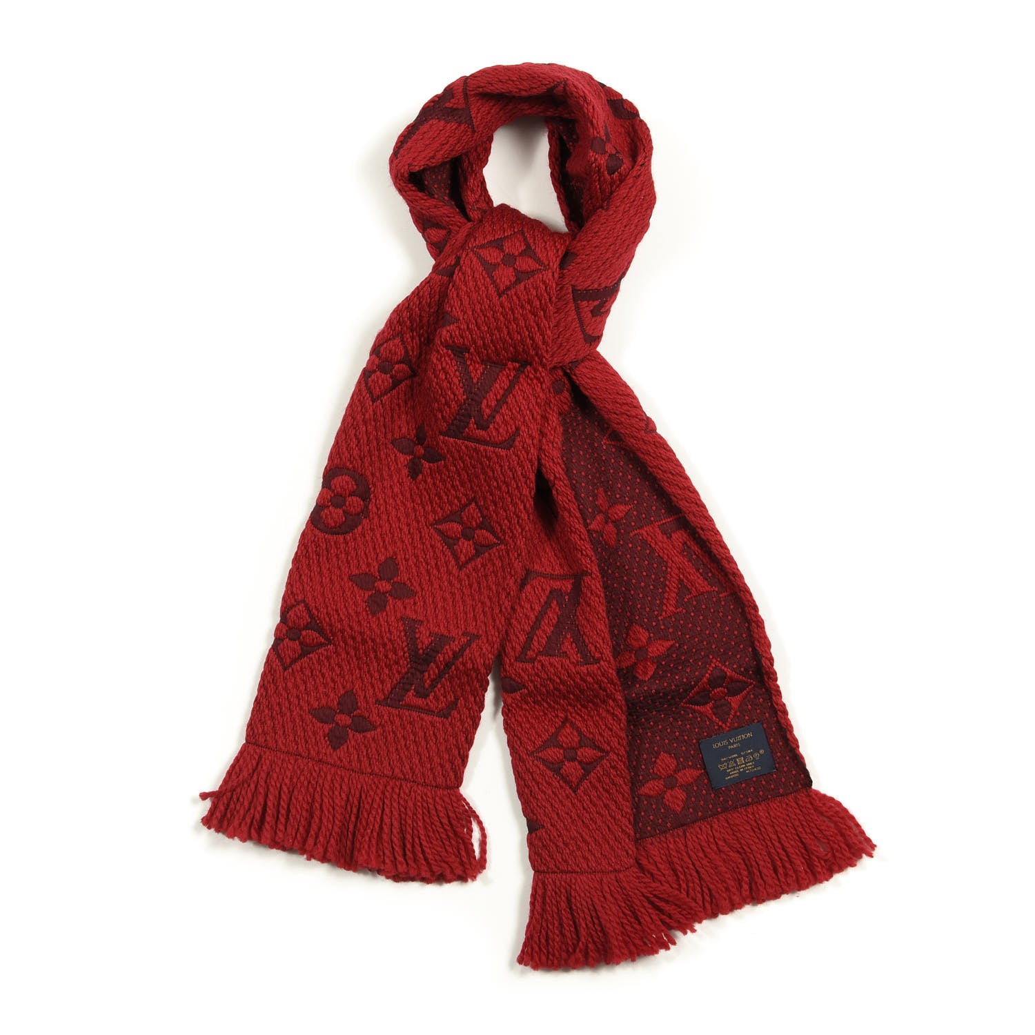 LOUIS VUITTON レッド ストール　シルクウール Louis Vuitton Wool Silk Logomania Scarf Rubis 663366 – FASHIONPHILE