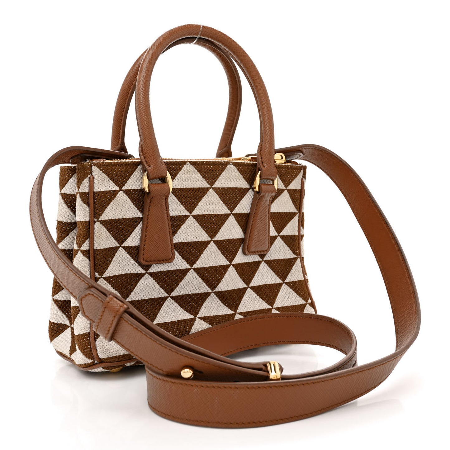 Jacquard Saffiano Triangolo Symbole Embroidered Mini Galleria Double Zip Tote Tabacco Talco