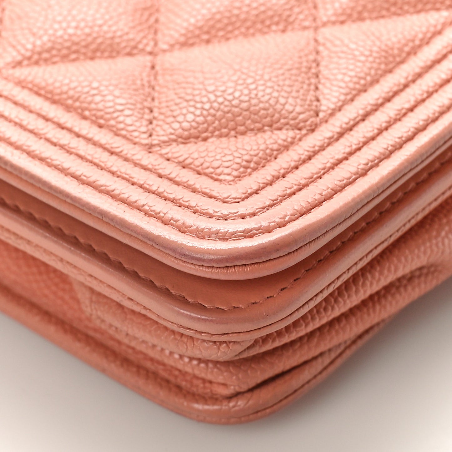 Iridescent Caviar Quilted Boy Wallet On Chain WOC Pink