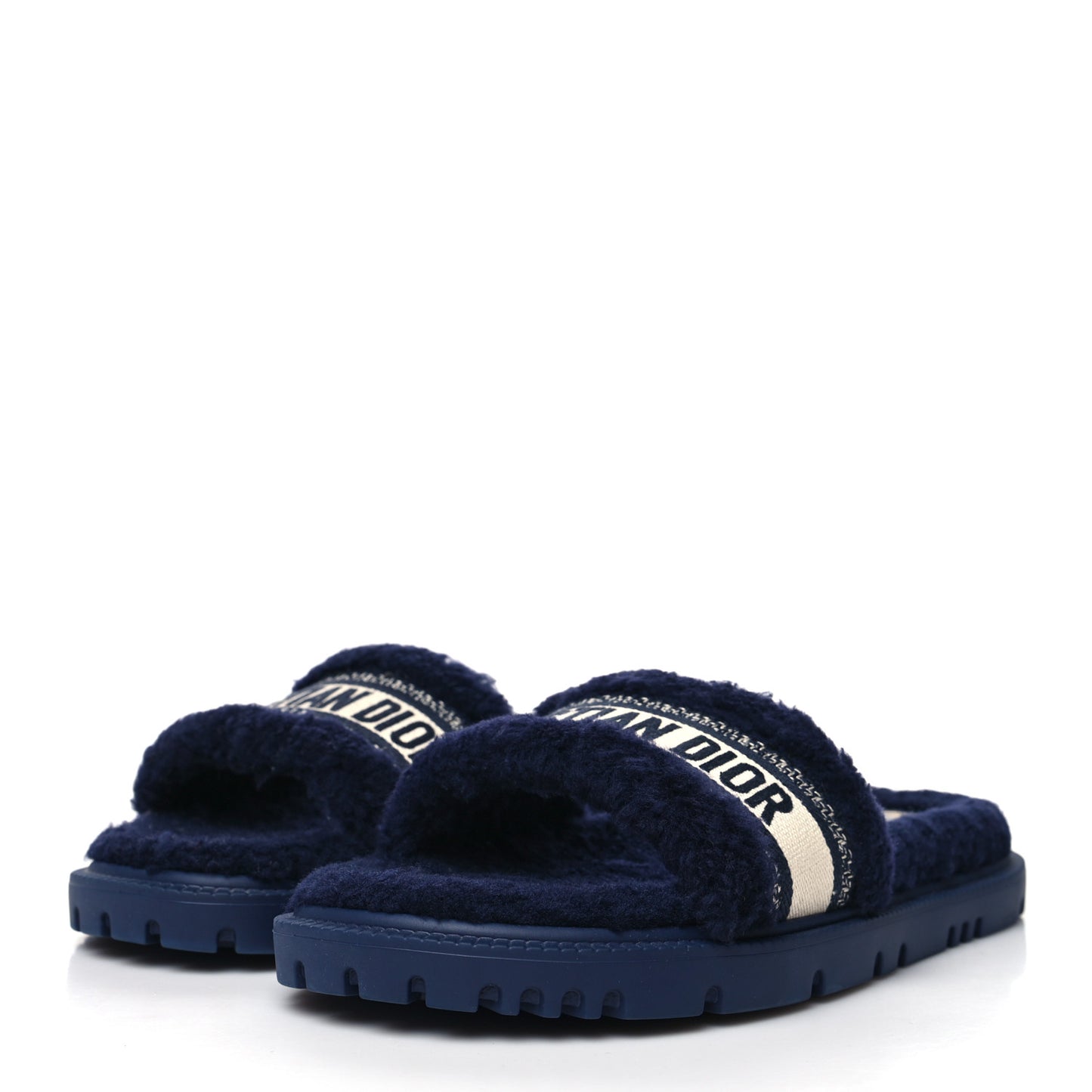 Shearling Canvas Embroidered Dway 10mm Slide Sandals 41 Deep Blue Natural