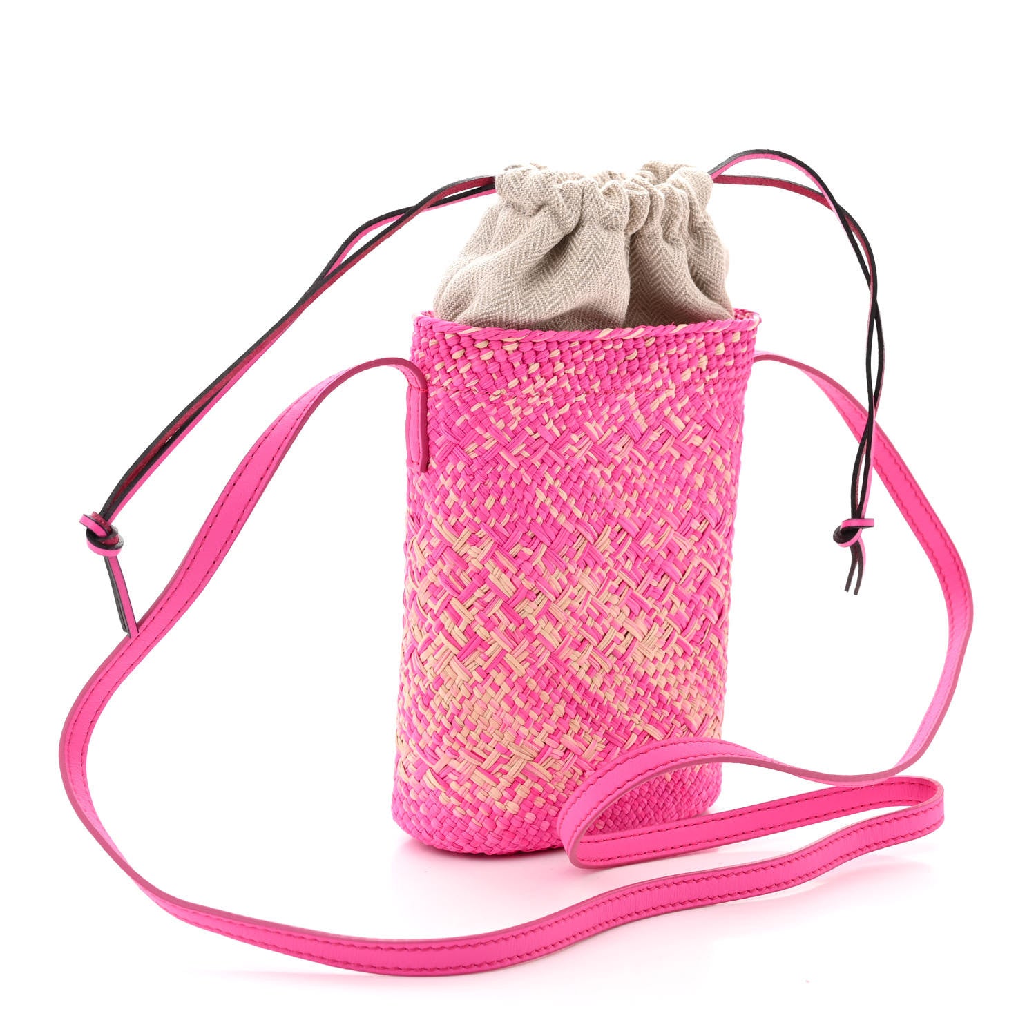 Loewe Iraca Palm Calfskin Anagram Square Pocket Bucket Bag Natural Fuchsia 2 of 10