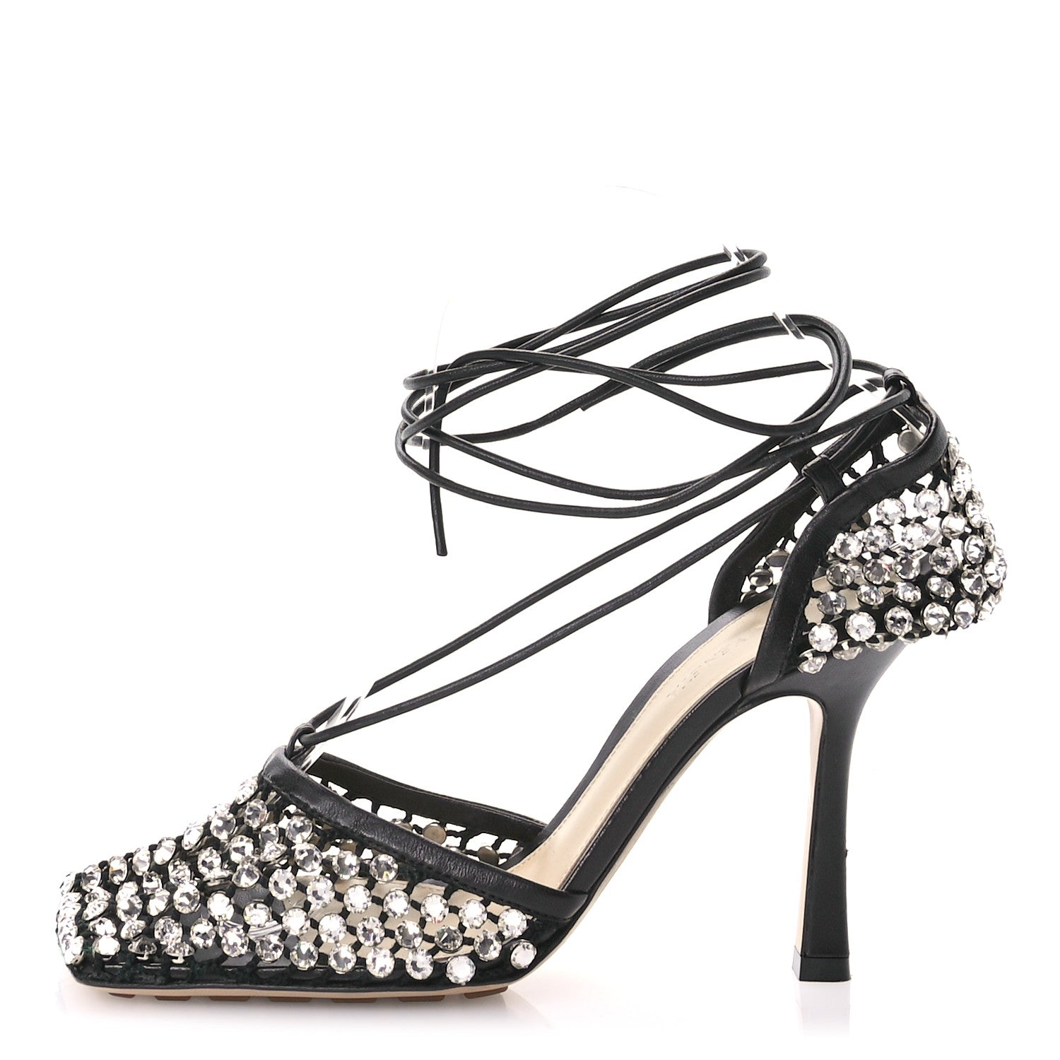 Bottega Veneta Mesh Nappa Crystal Embellished Sparkle Stretch Ankle Tie Sandals 38 Black 1 of 12