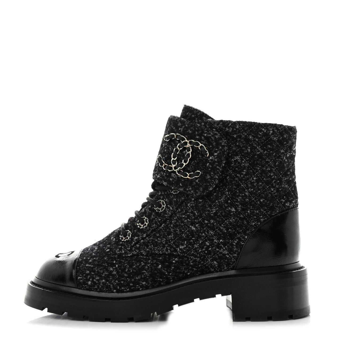 Tweed Lambskin Quilted Lace Up Combat Boots 41 Black Grey