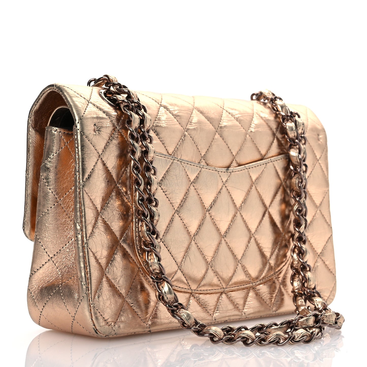 Metallic Aged Calfskin Quilted Medium Double Flap Gold