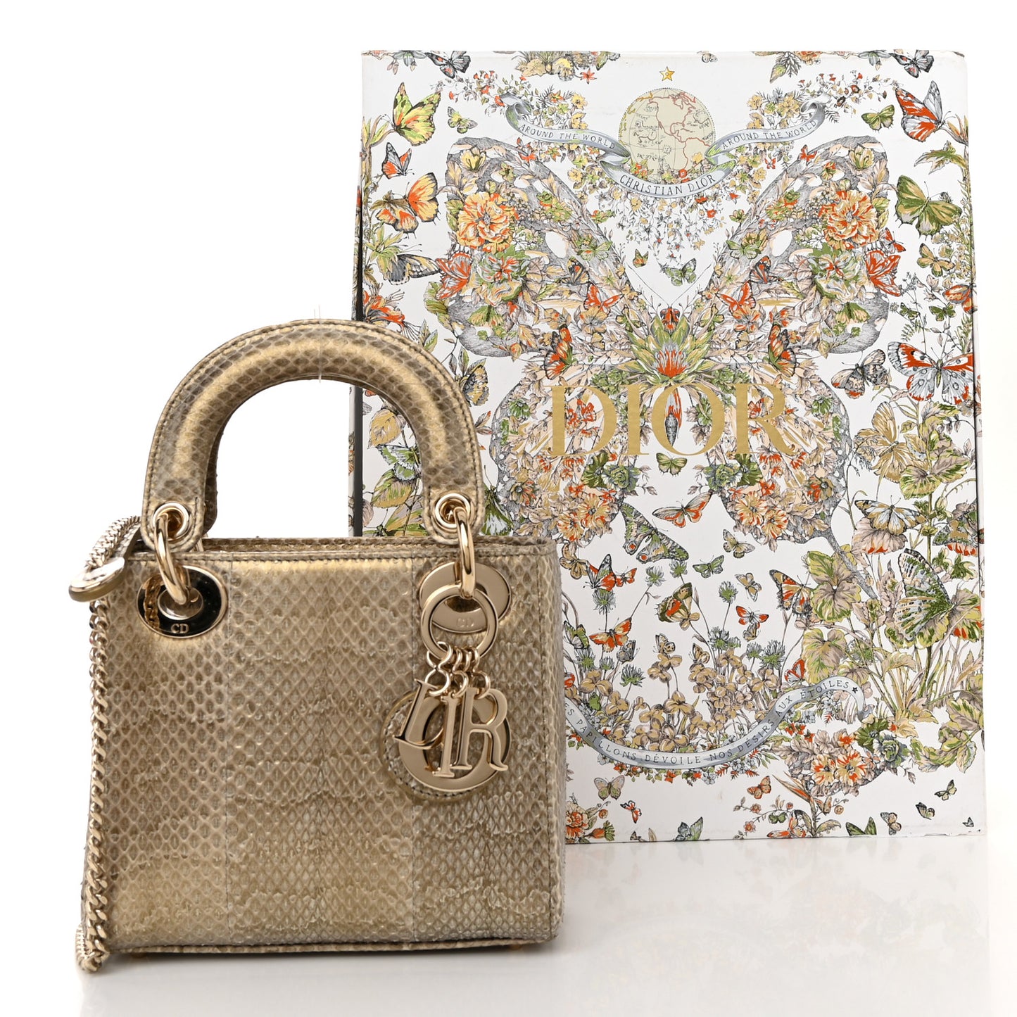 Metallic Snakeskin Mini Lady Dior Light Gold Multi