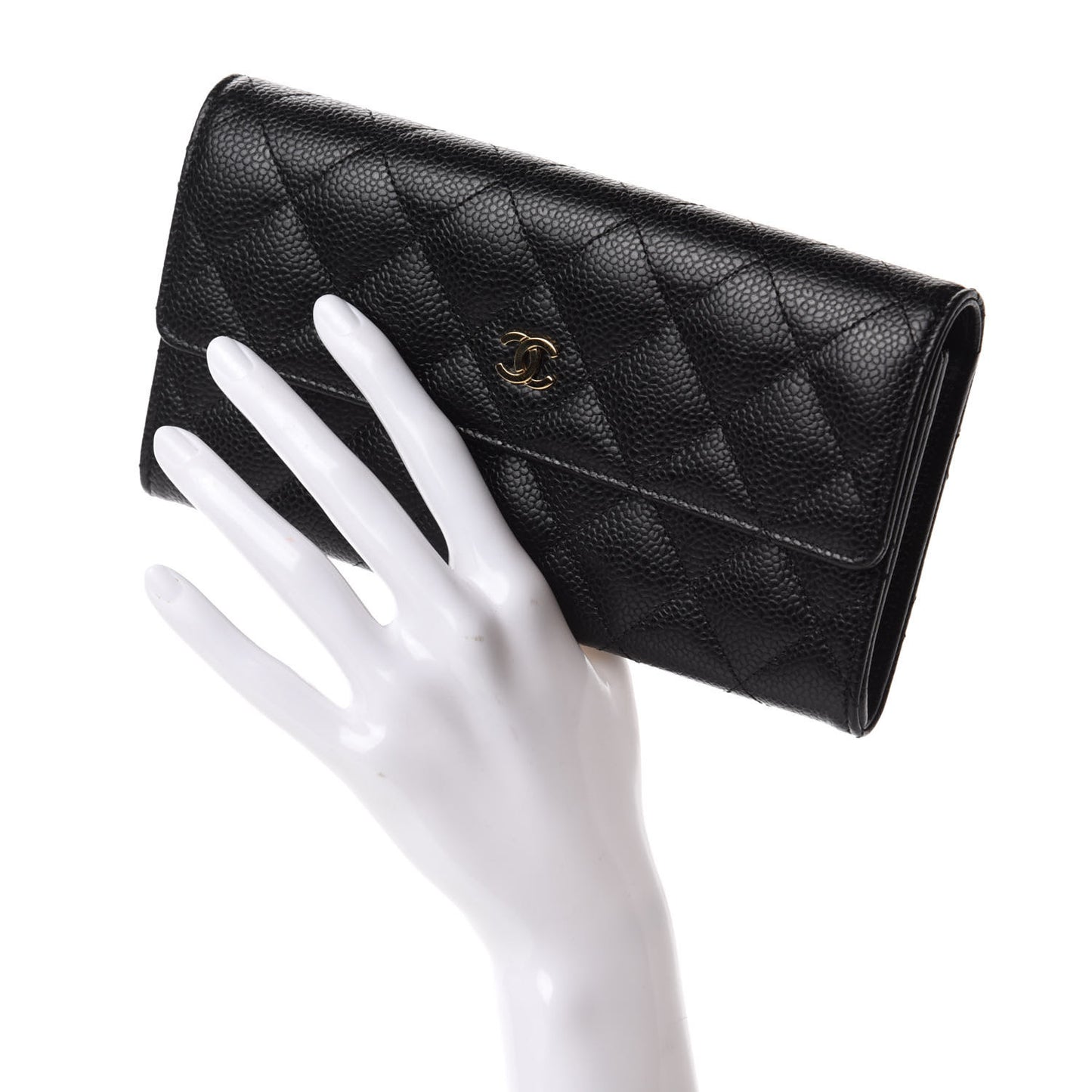 Caviar Quilted Large Gusset Flap Wallet Black