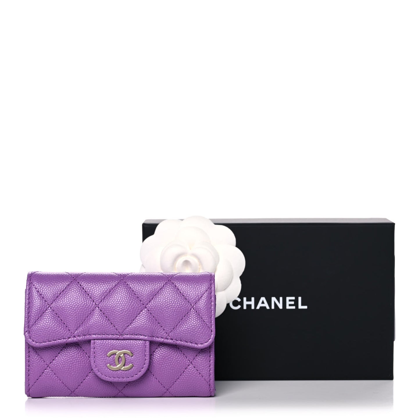 Caviar Quilted Flap Card Holder Wallet Purple