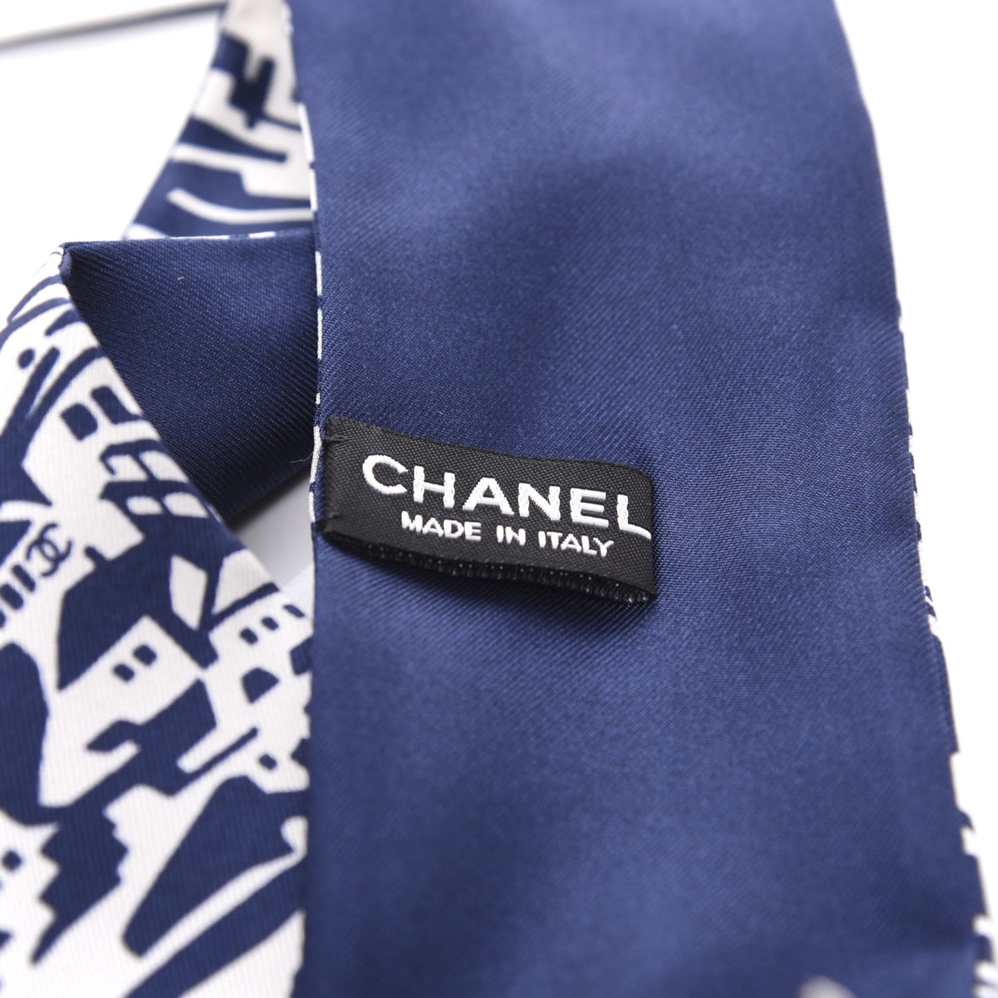 Silk Twill Slim Bandeau Scarf Navy Blue White