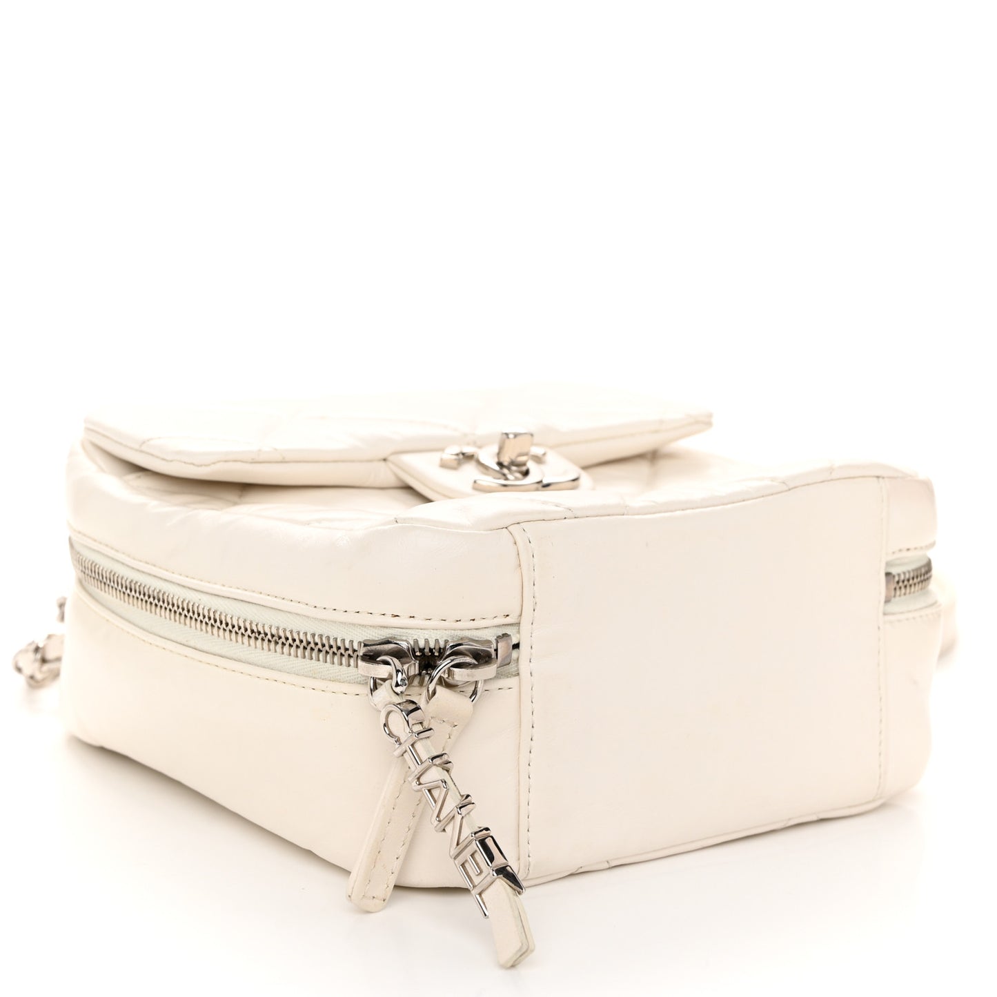 Aged Calfskin Quilted Top Handle Camera Case White