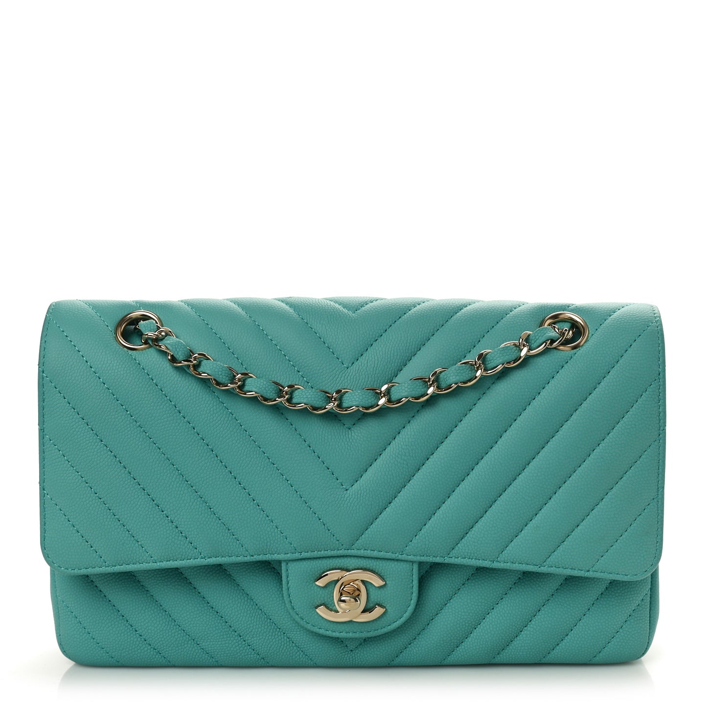 Caviar Flat Chevron Quilted Medium Double Flap Green