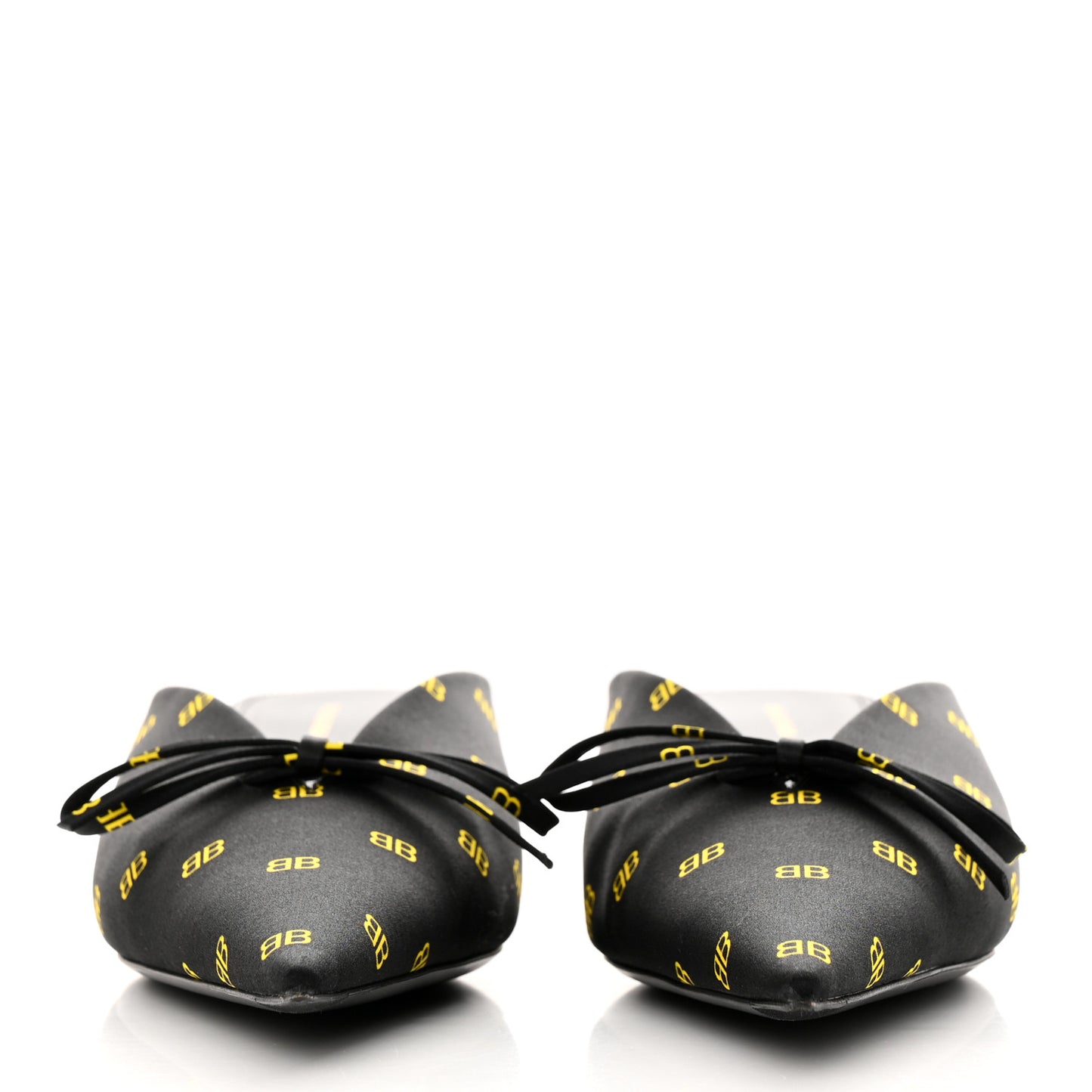 Crepe Satin BB Printed Pointy Toe Knife Flat 40mm Mules 36 Black Yellow Fluo