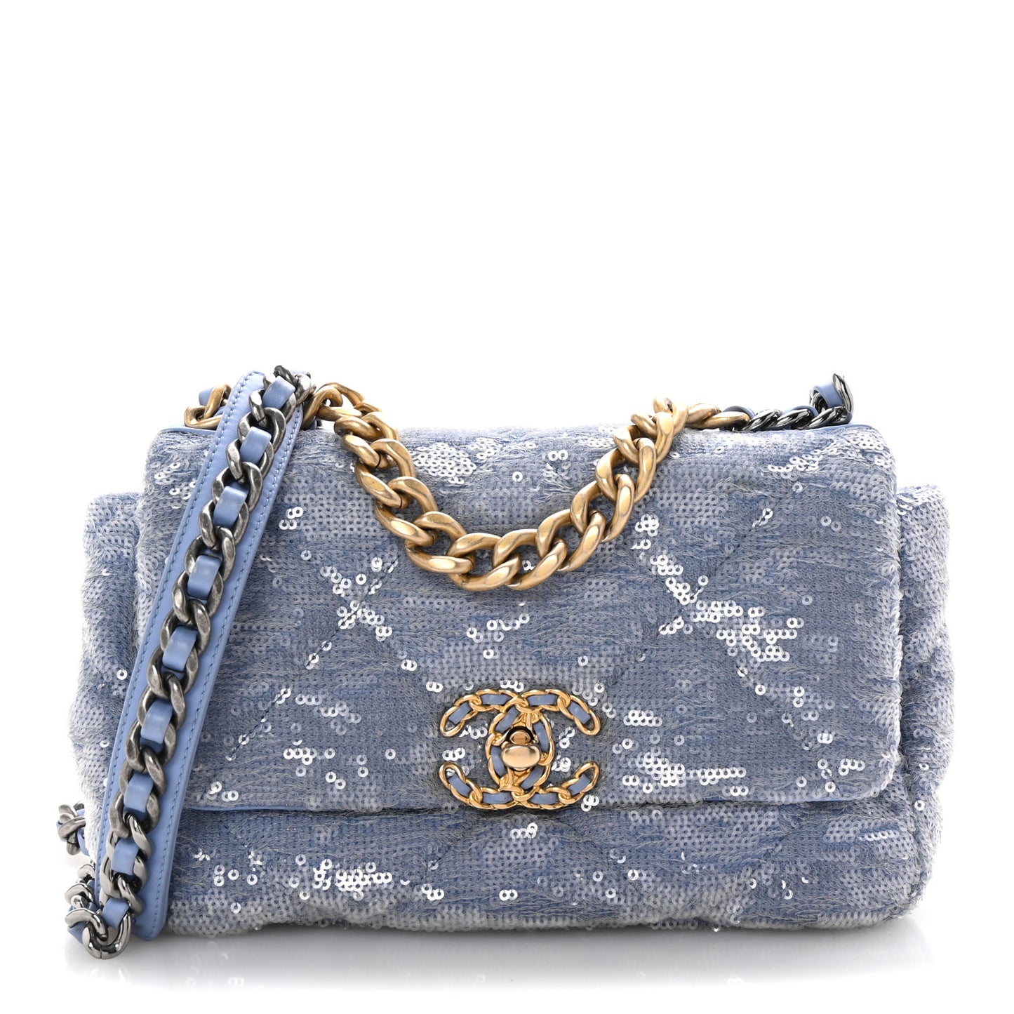 Sequin Quilted Medium Chanel 19 Flap Light Blue