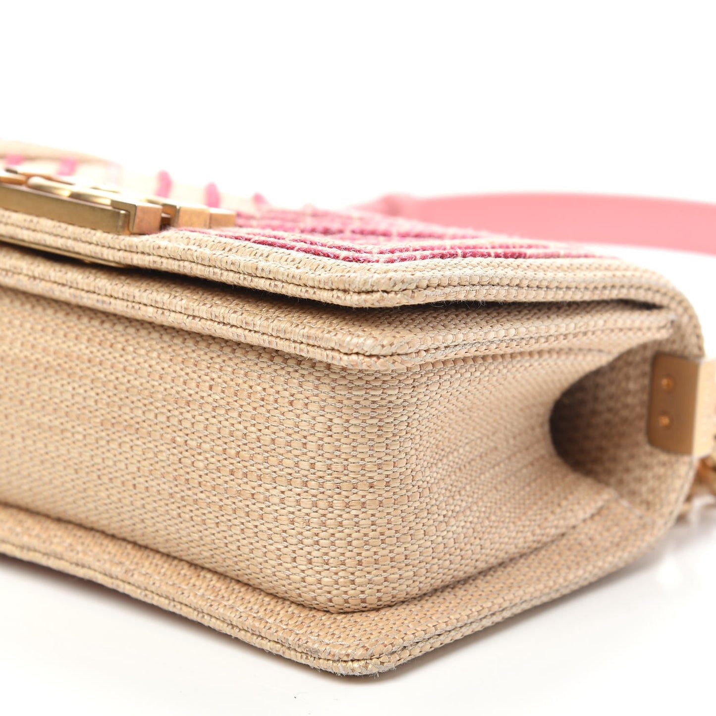 Cotton Canvas Calfskin Chevron Embroidered Small Boy Flap Beige Pink