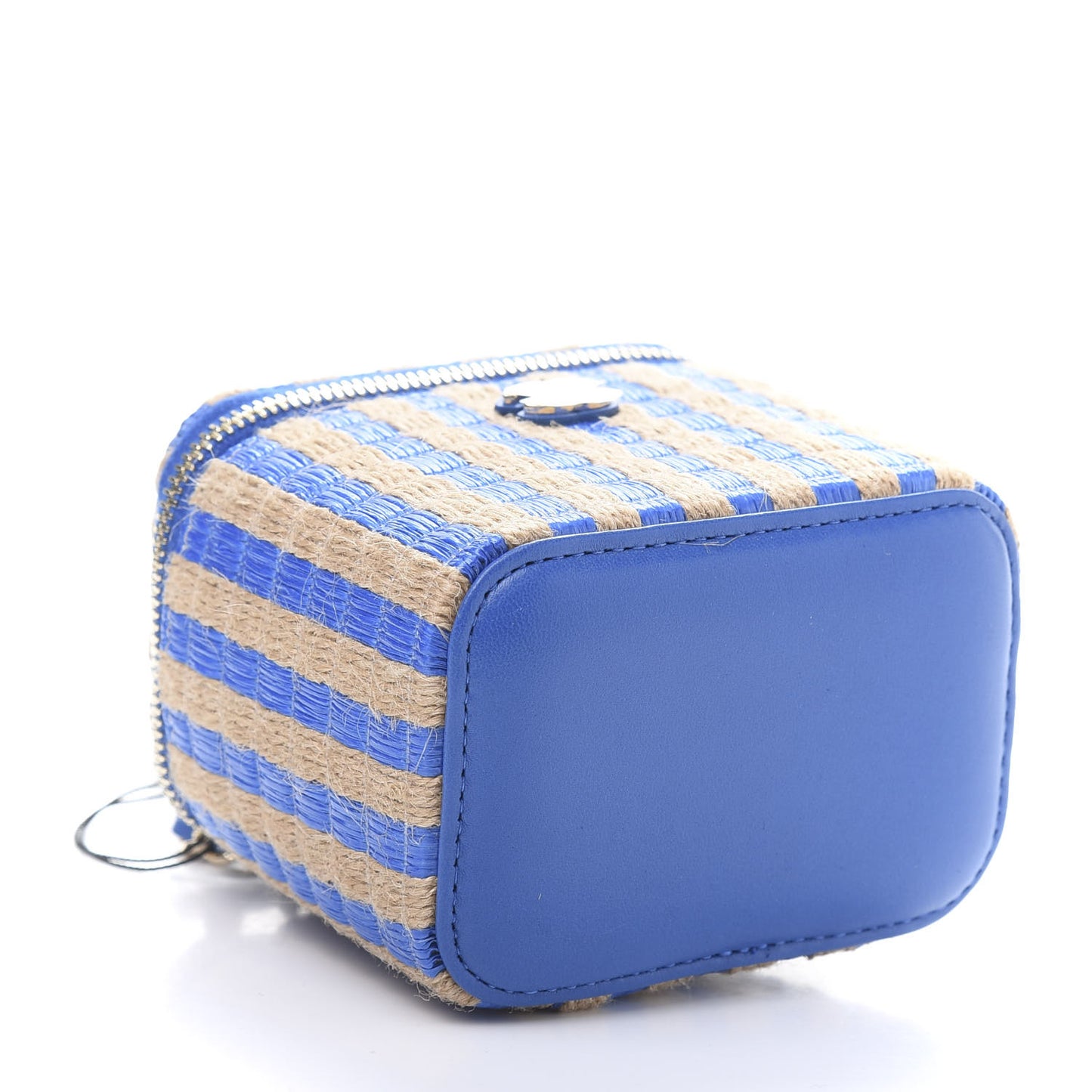 Raffia Jute Striped Mini Vanity Case With Chain Blue Beige