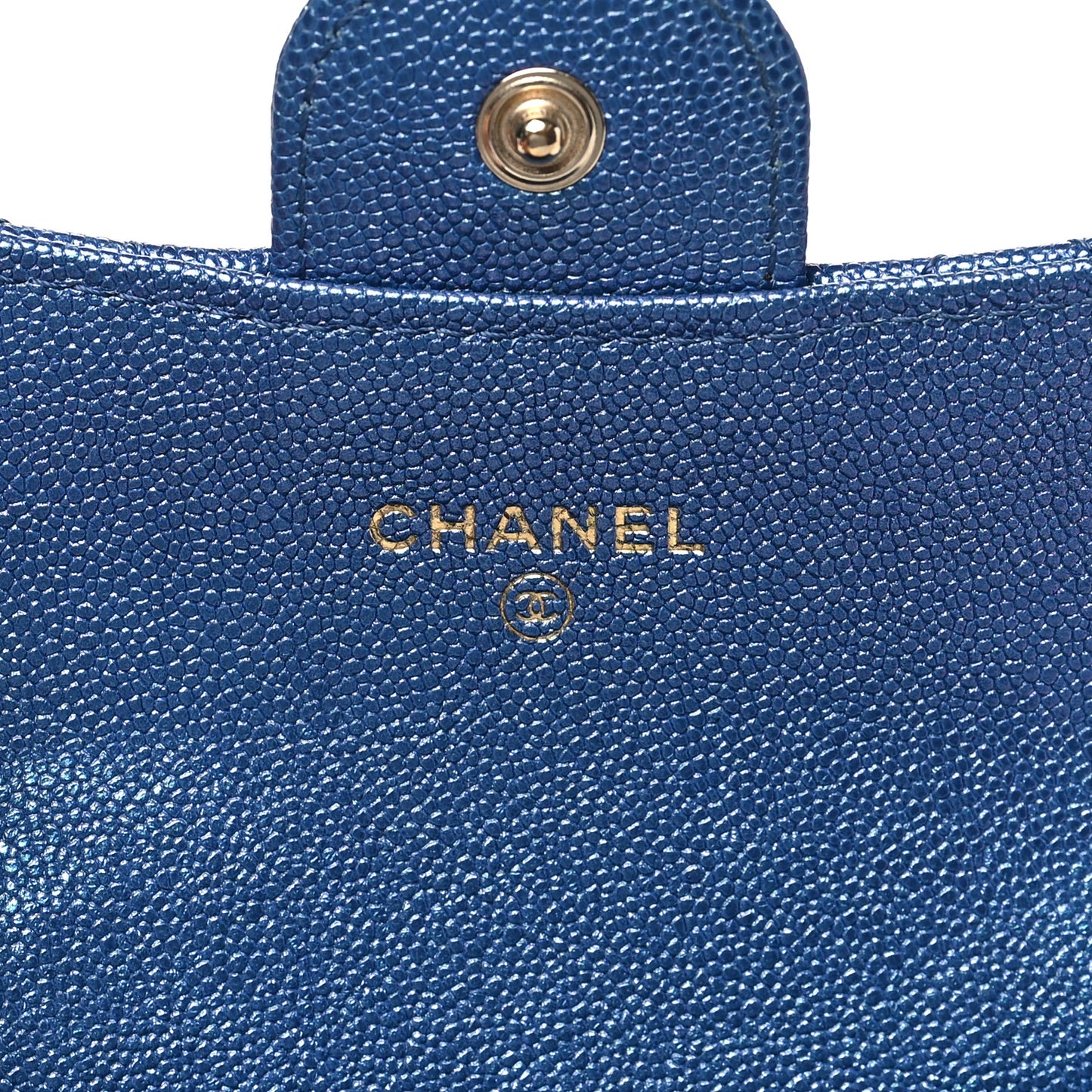 Iridescent Caviar Flap Quilted Card Holder Wallet Dark Blue