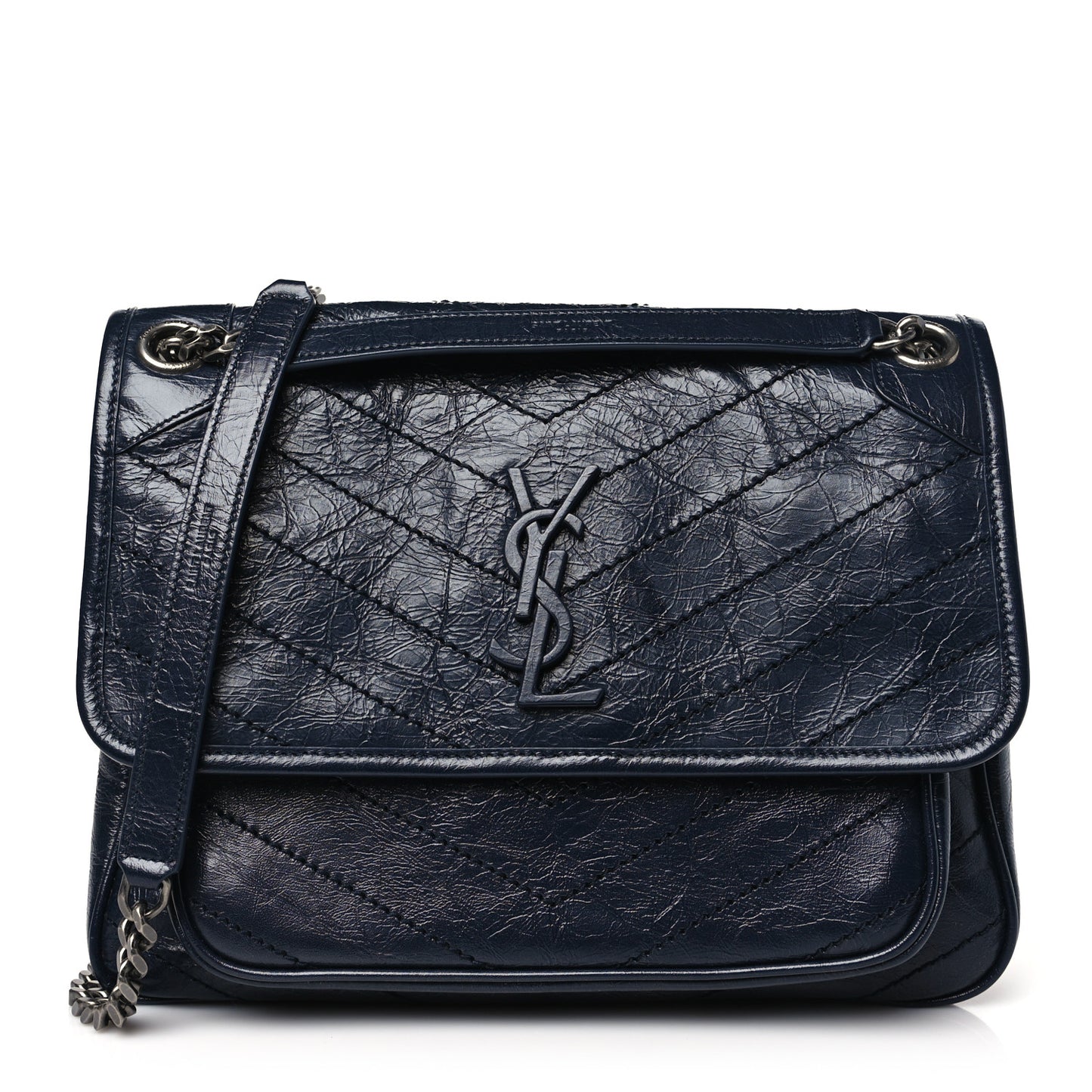 Crinkled Calfskin Matelasse Monogram Medium Niki Chain Satchel Deep Marine