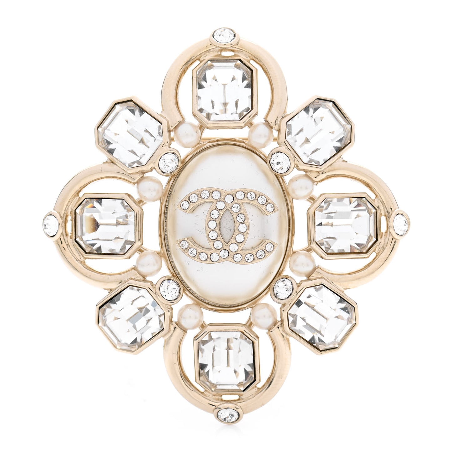 Pearl Crystal CC Brooch Pearly White Gold
