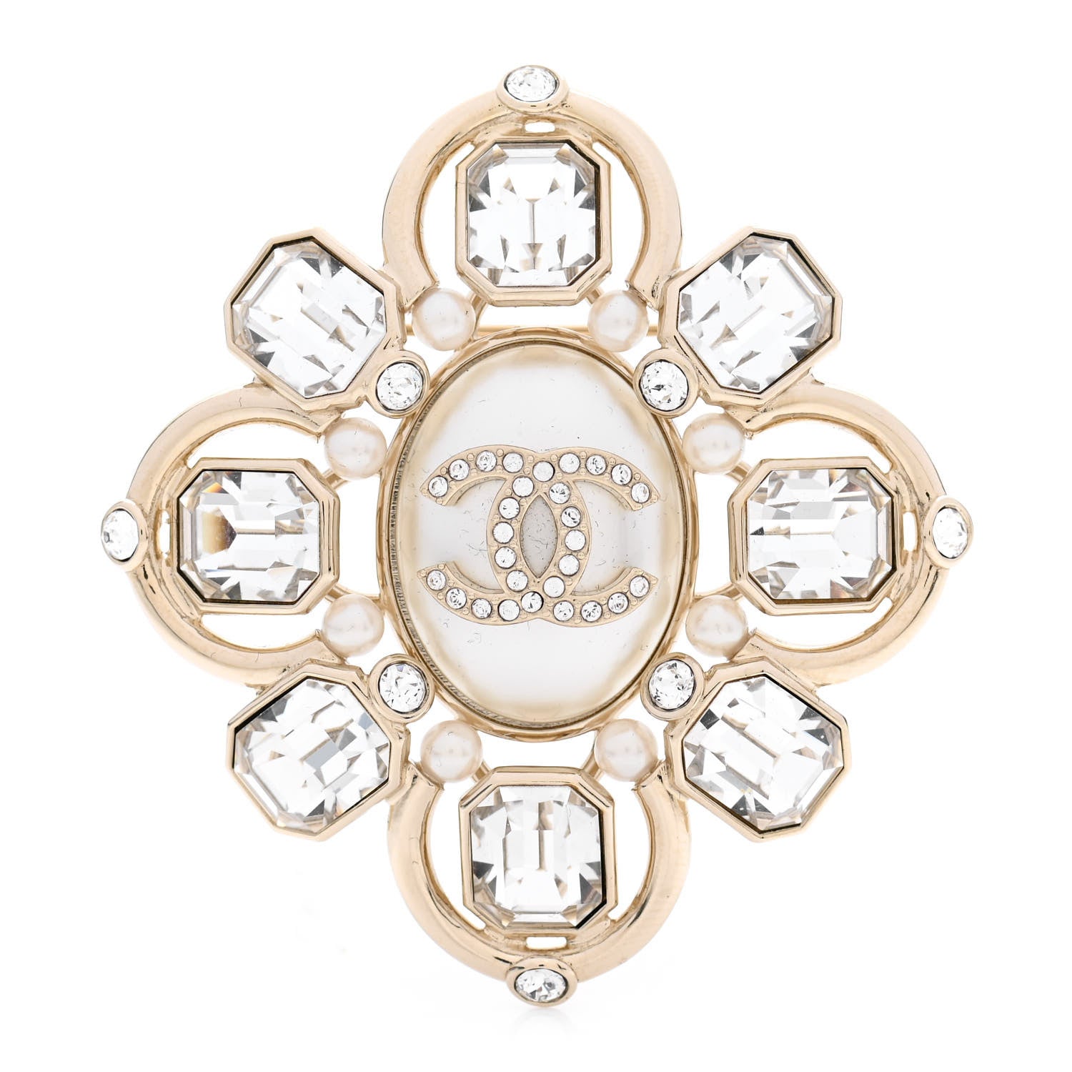 Chanel Pearl Crystal CC Brooch Pearly White Gold 1 of 5