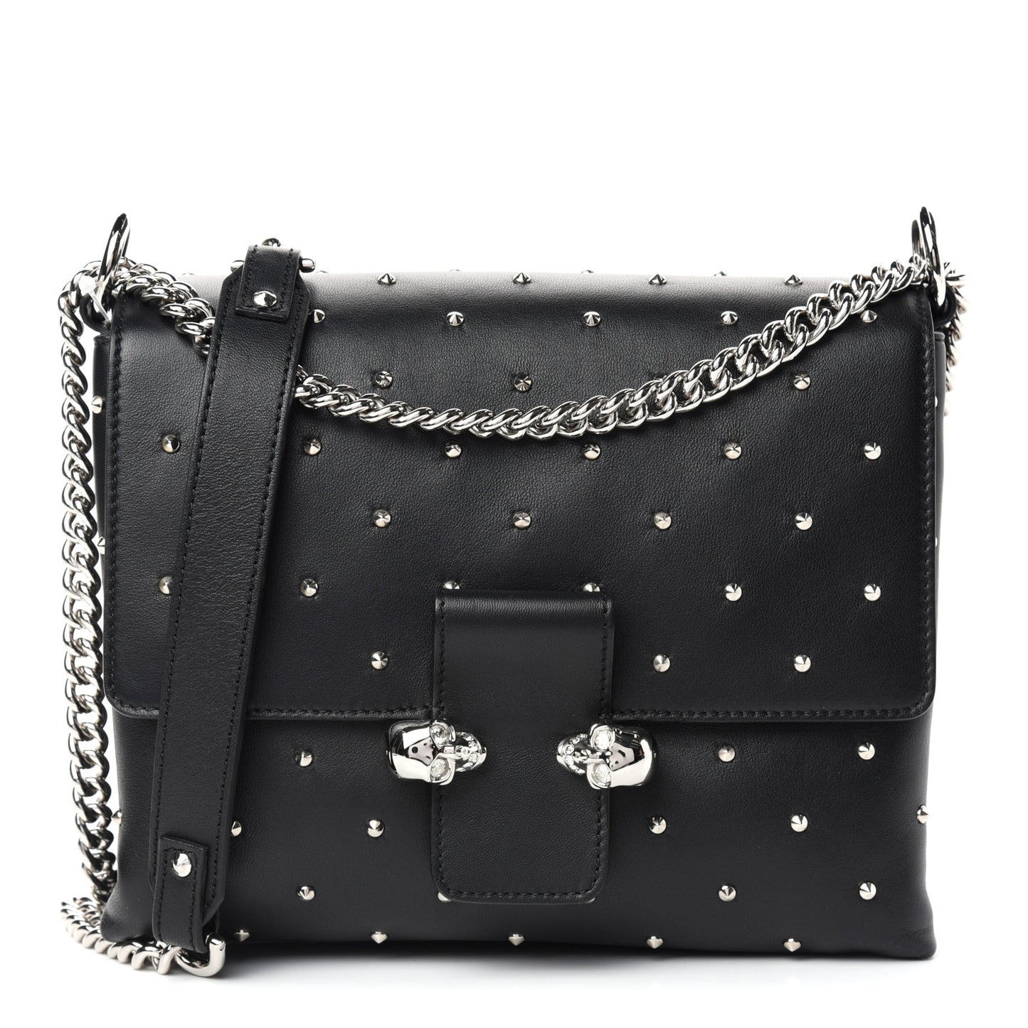 Goatskin Studded Twin Skull Crossbody Black