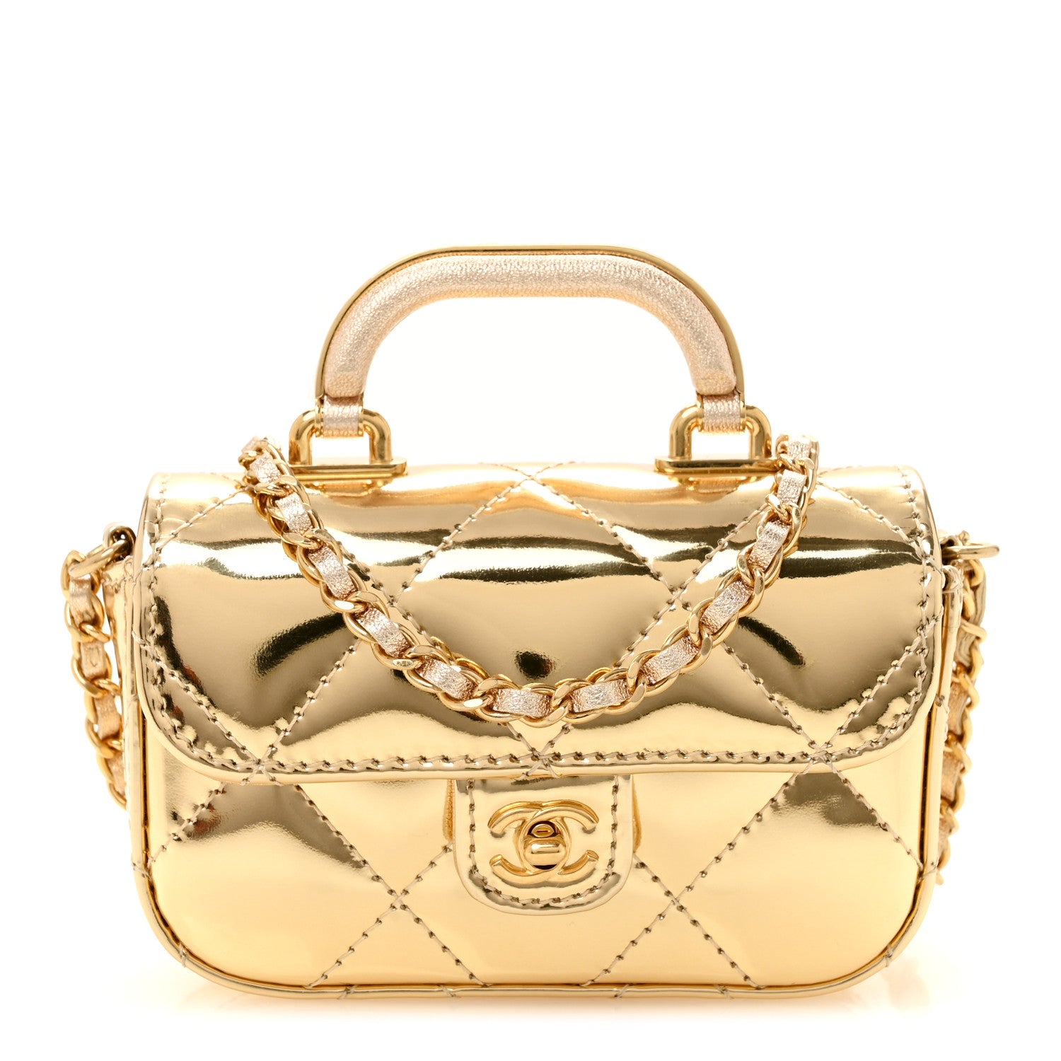 Chanel Mirror Metallic Calfskin Quilted Mini Top Handle Flap Gold
