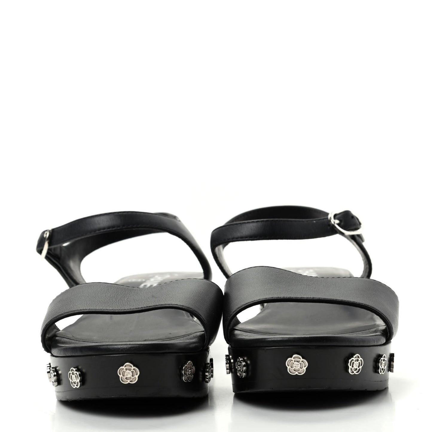 Calfskin Camellia Platform Sandals 39 Black