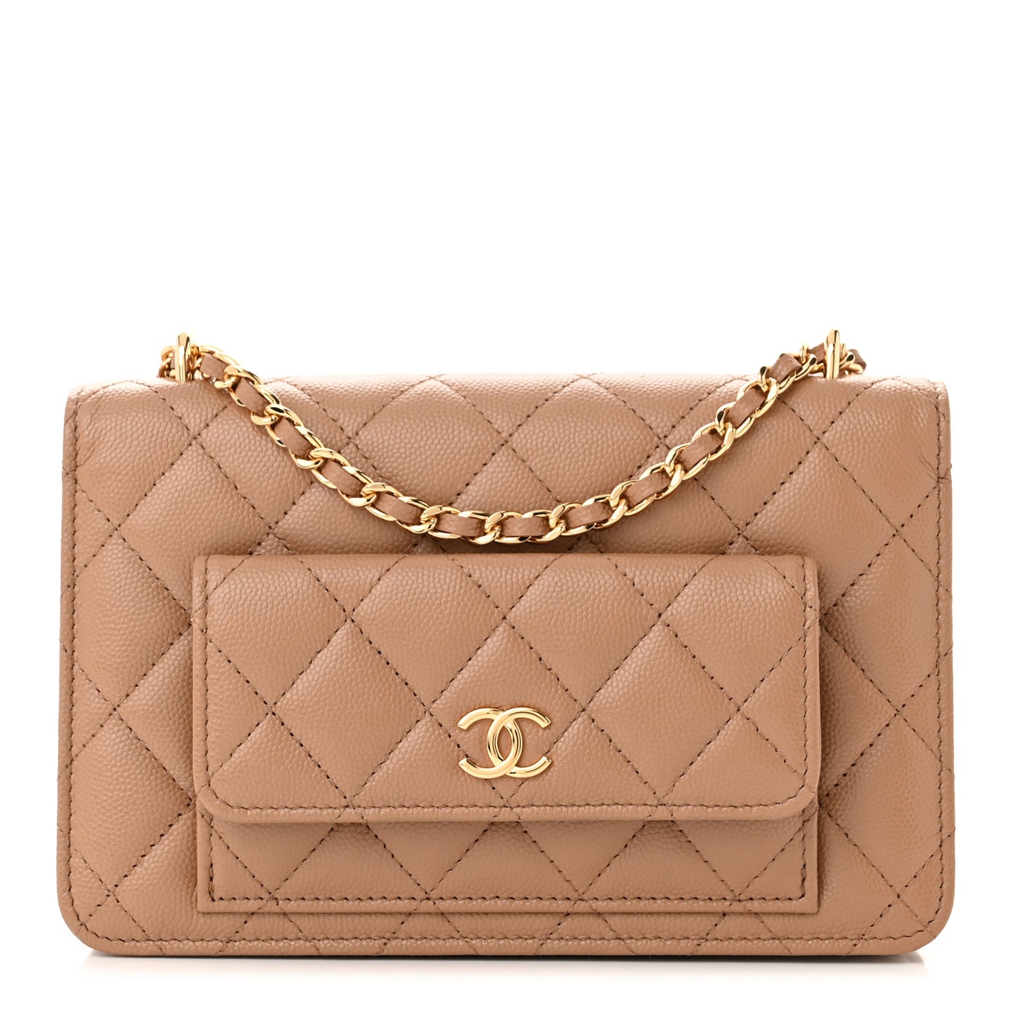 Caviar Quilted Pocket Clutch With Chain WOC Beige