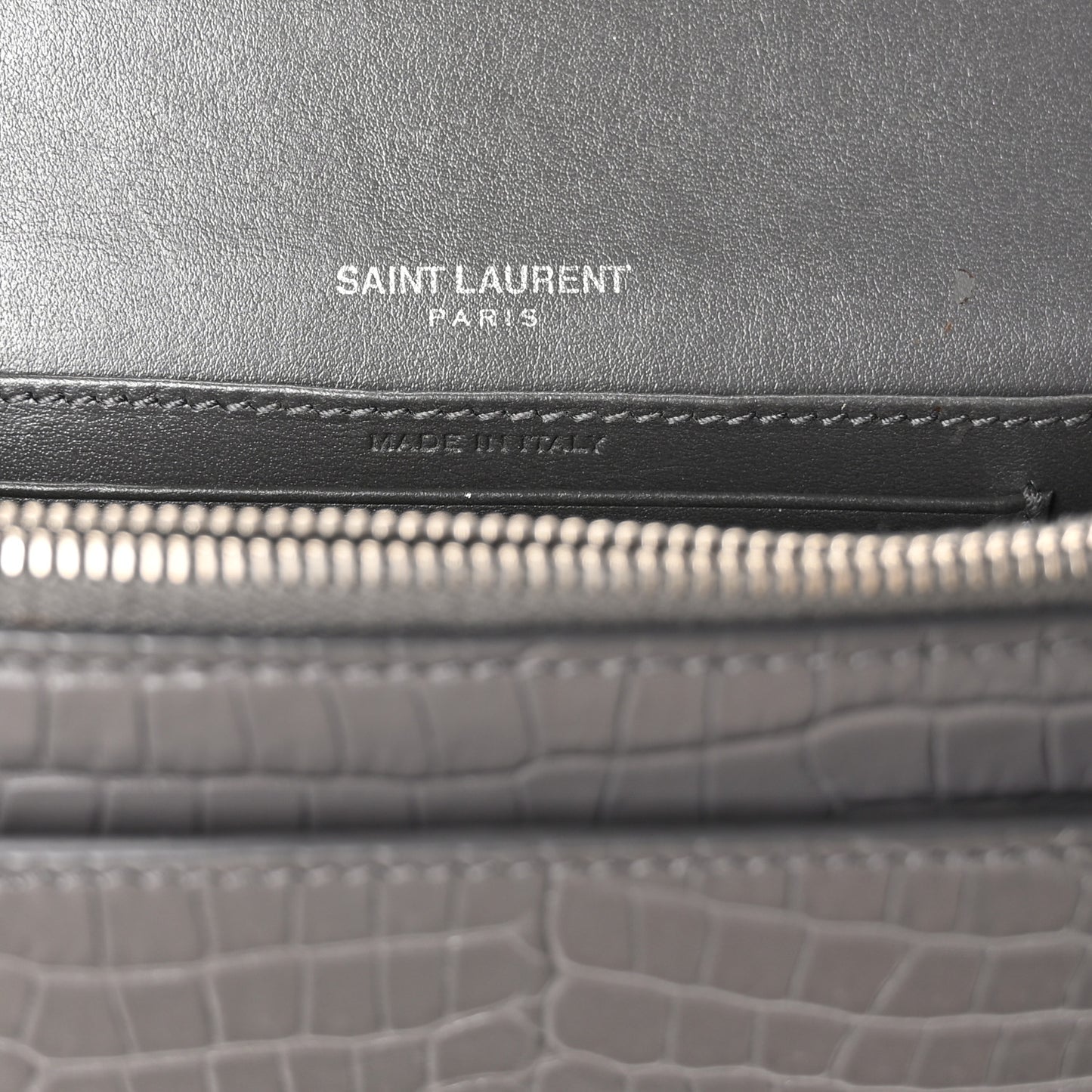 Calfskin Crocodile Embossed Monogram Sunset Chain Wallet Asphalt