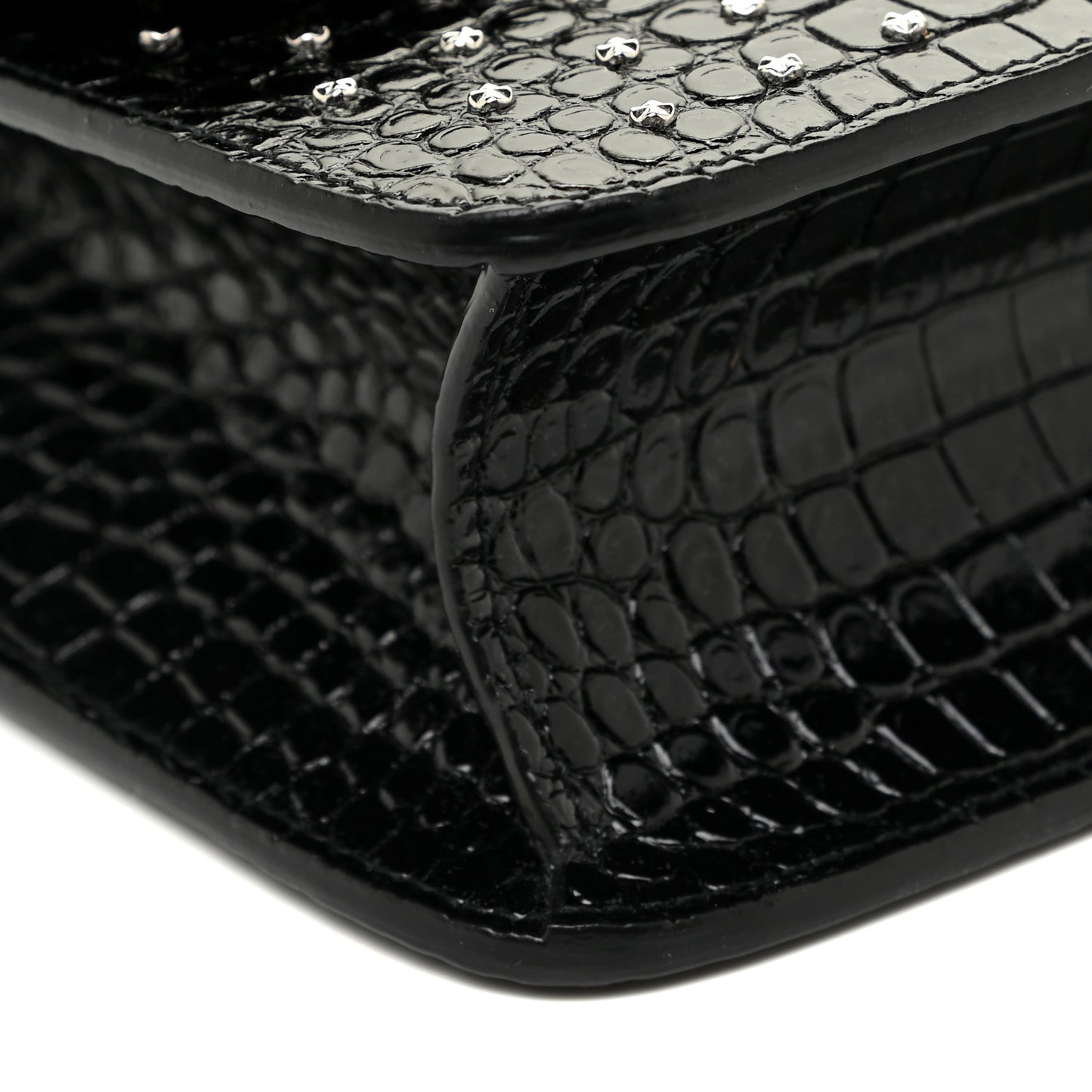 Crocodile Embossed Calfskin Crystal Embellished Carre Satchel Black