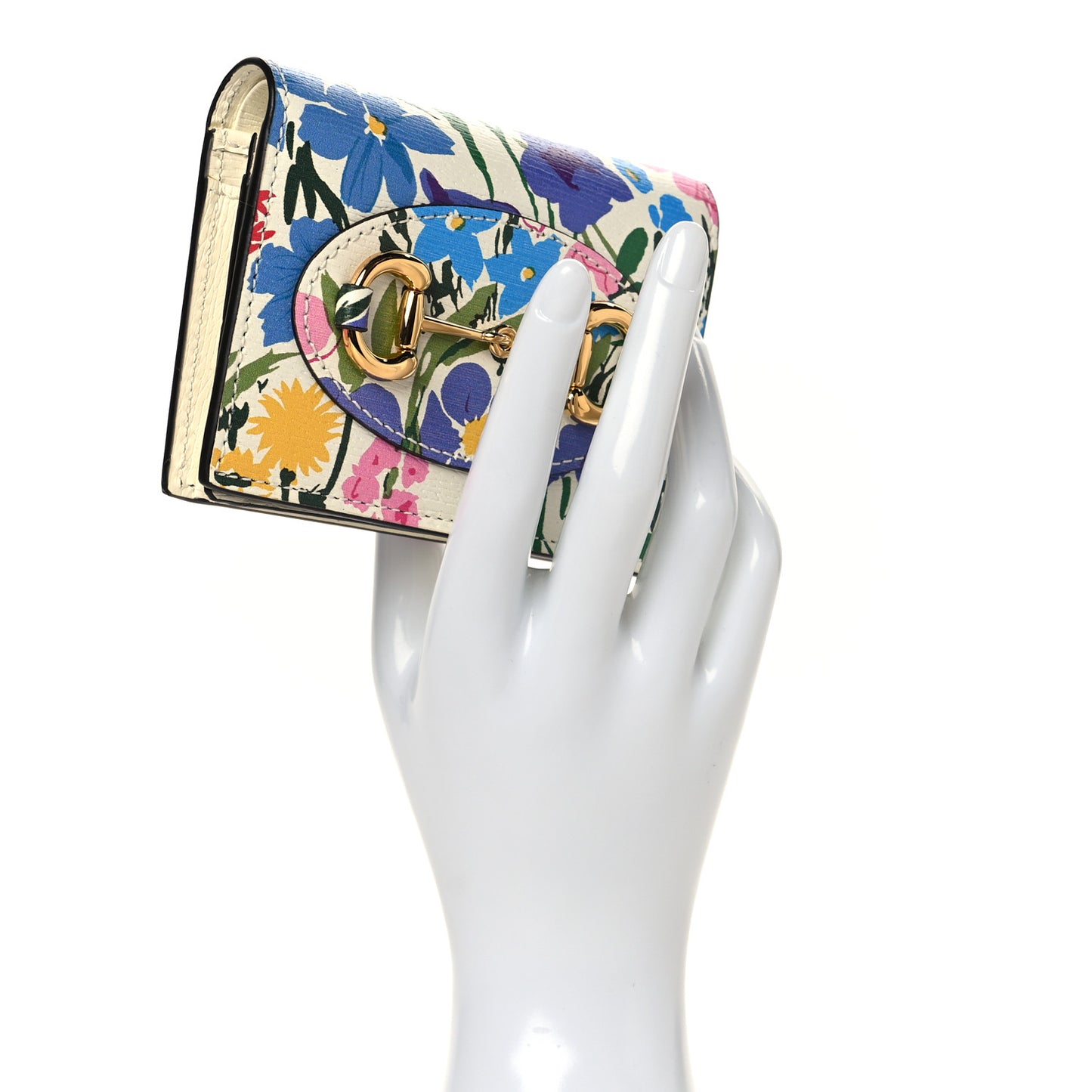 X KEN SCOTT New Shangai Calfskin Jardin D'Avril Floral Print Horsebit 1955 Card Case Wallet Ivory Pink