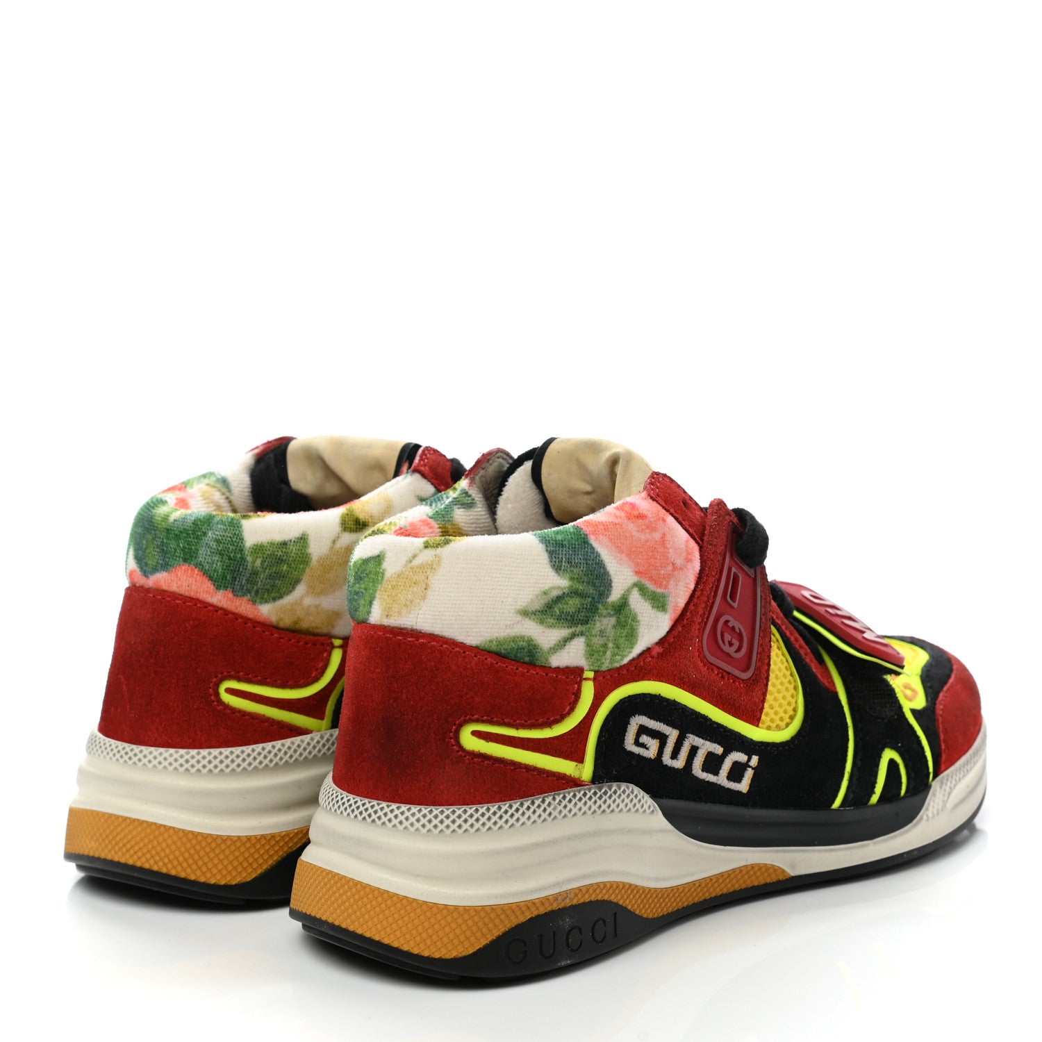 Gucci Suede Calfskin Womens Ultrapace Mid Top Sneakers 35 Hibiscus Red Black Neon Yellow Yolk 4 of 7