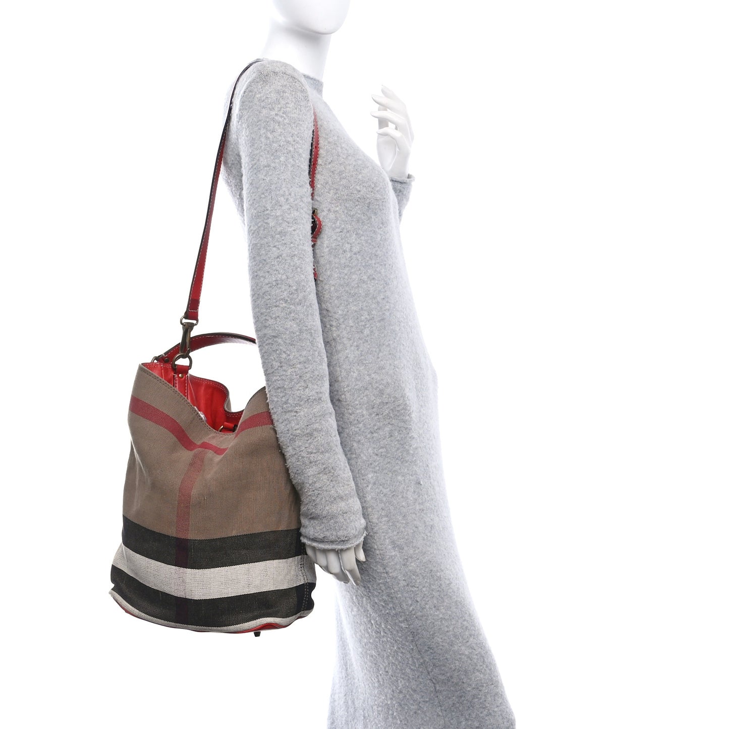 Canvas Mega Check Medium Ashby Bucket Bag Red