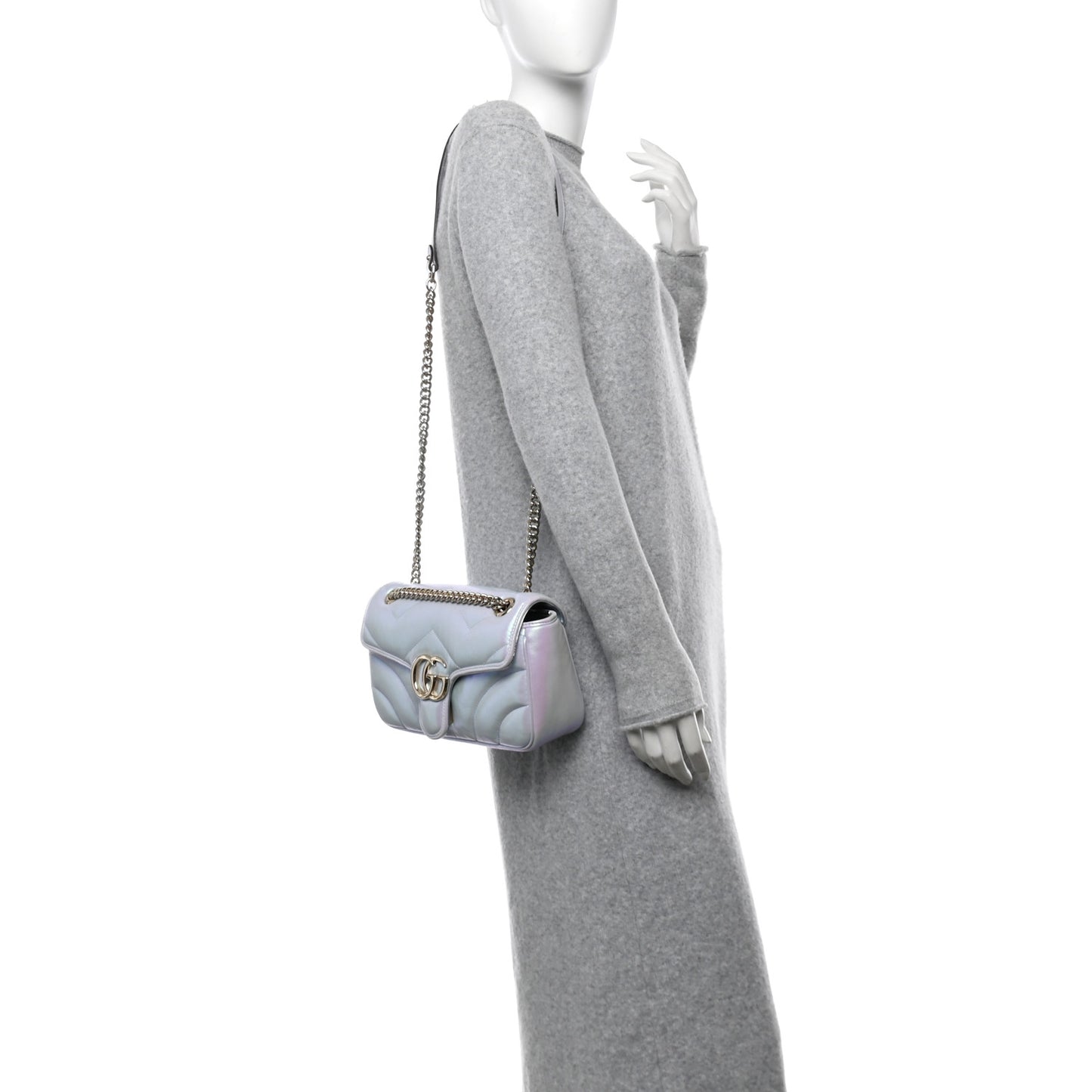 Iridescent Nappa Chevron Matelasse Small GG Marmont Shoulder Bag Iridescent Snow Light Blue