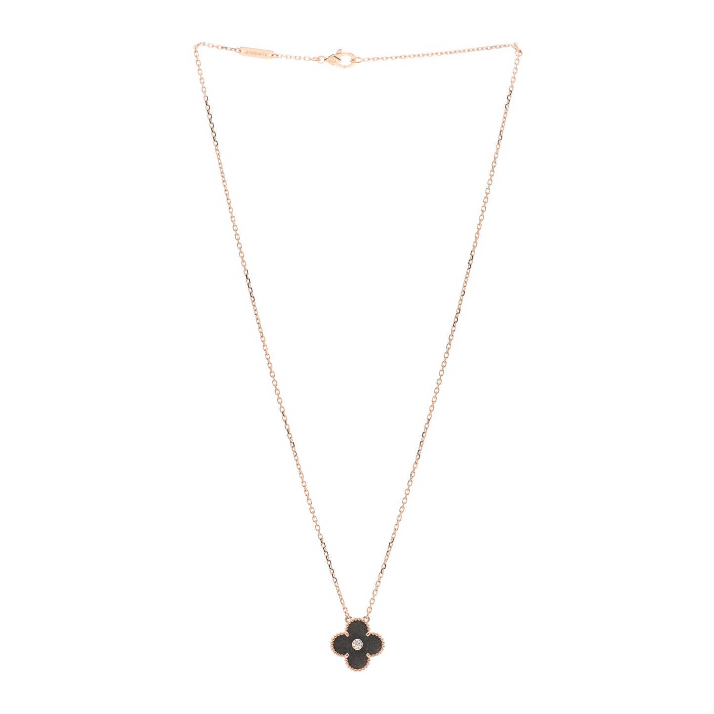 18K Rose Gold Diamond Silver Obsidian Vintage Alhambra Pendant Necklace
