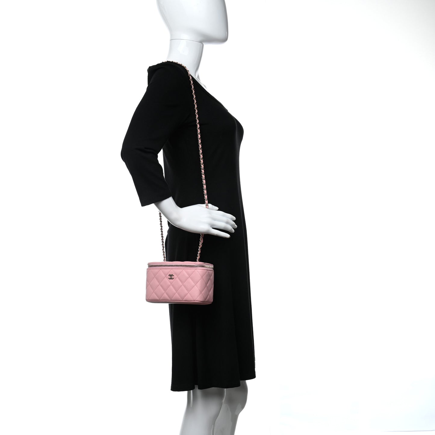 Caviar Quilted Small Vanity Case With Chain Pink
