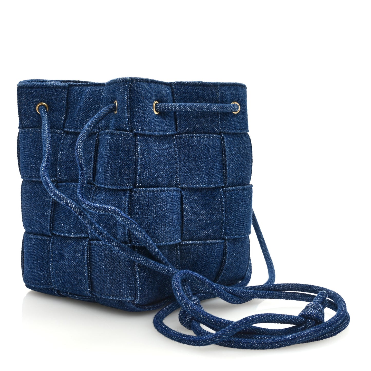 Denim Maxi Intrecciato Small Cassette Crossbody Bucket Bag Indigo