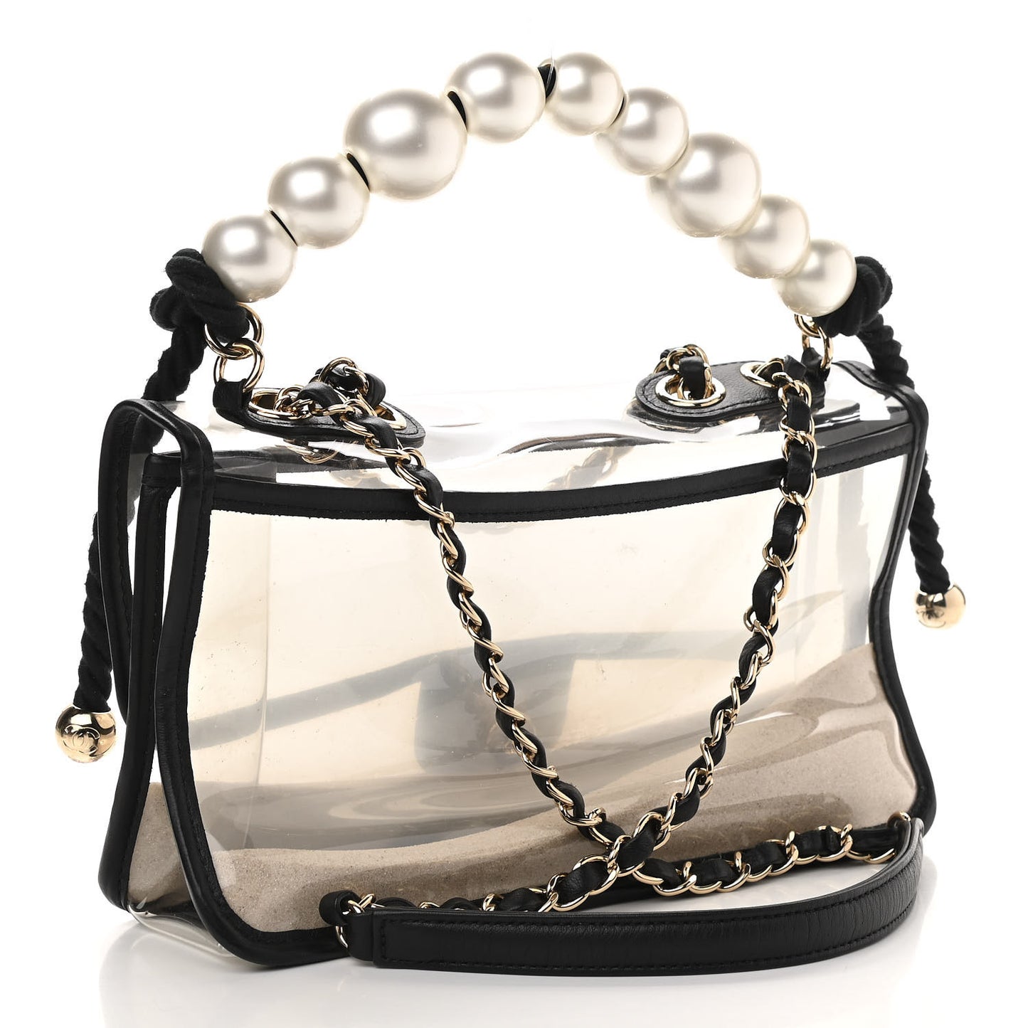 Lambskin PVC Sand By The Sea Flap With Pearl Strap Black
