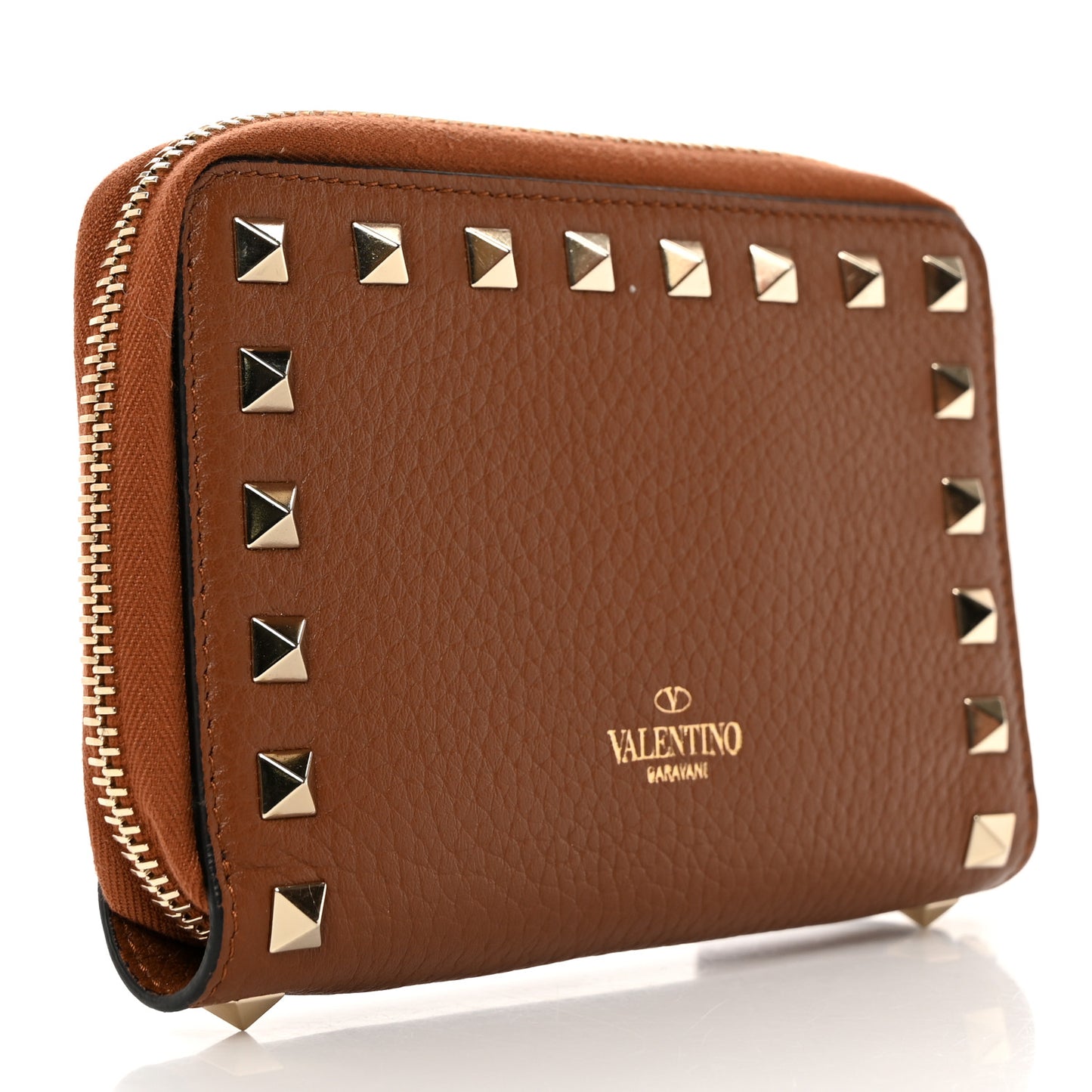 Pebbled Calfskin Rockstud Compact Zip Around Wallet Bright Cognac