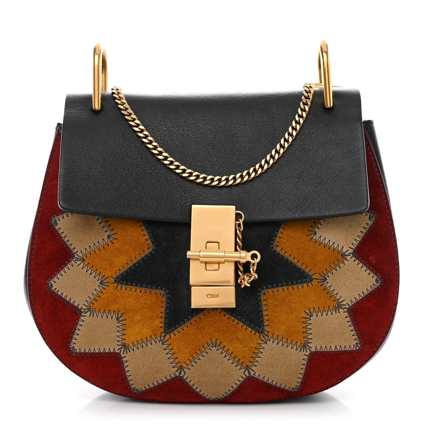 Suede Calfskin Wonder Woman Patchwork Drew Shoulder Bag Black