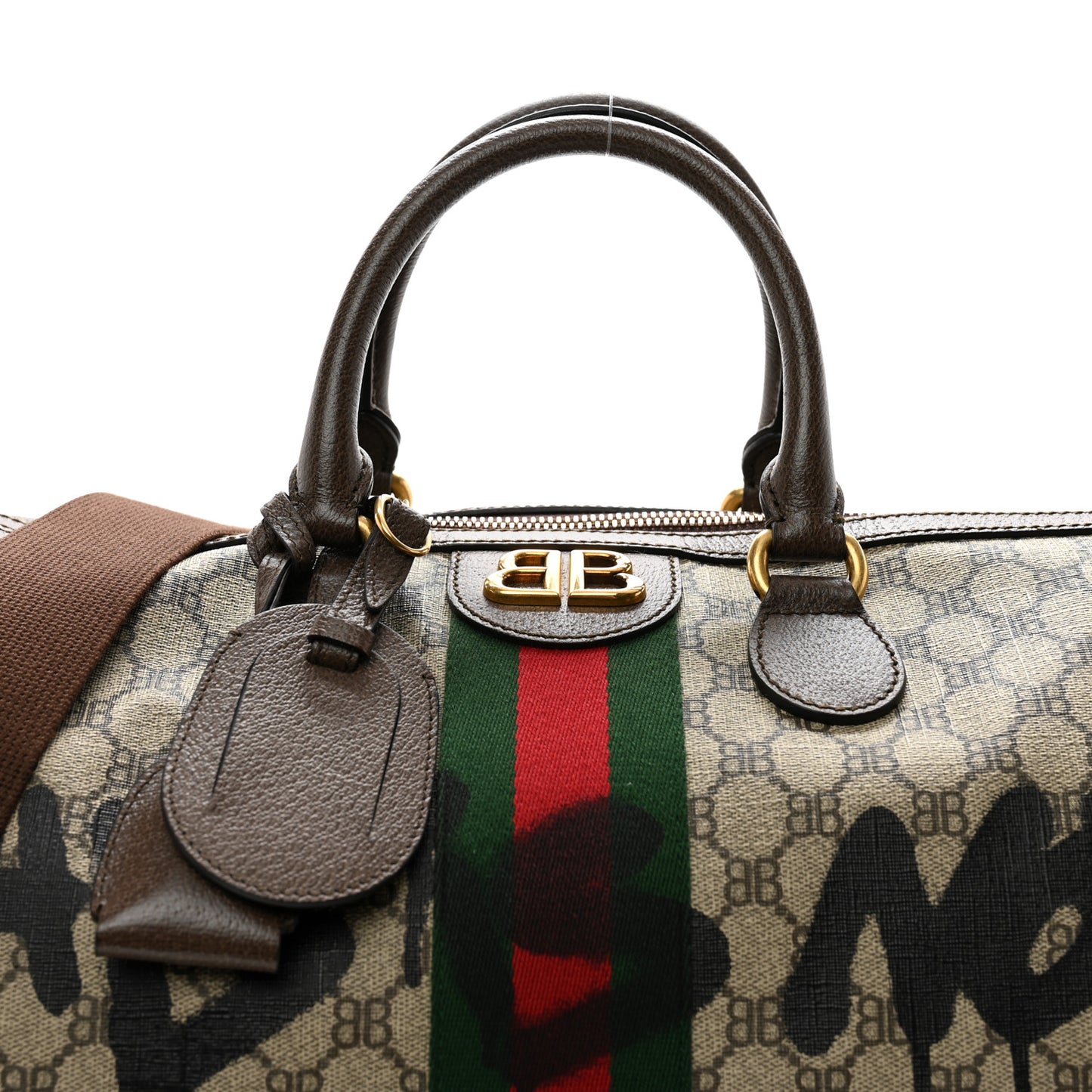 X BALENCIAGA BB Monogram Web Graffiti Medium Ophidia Carry-On Duffle Bag Beige New Acero