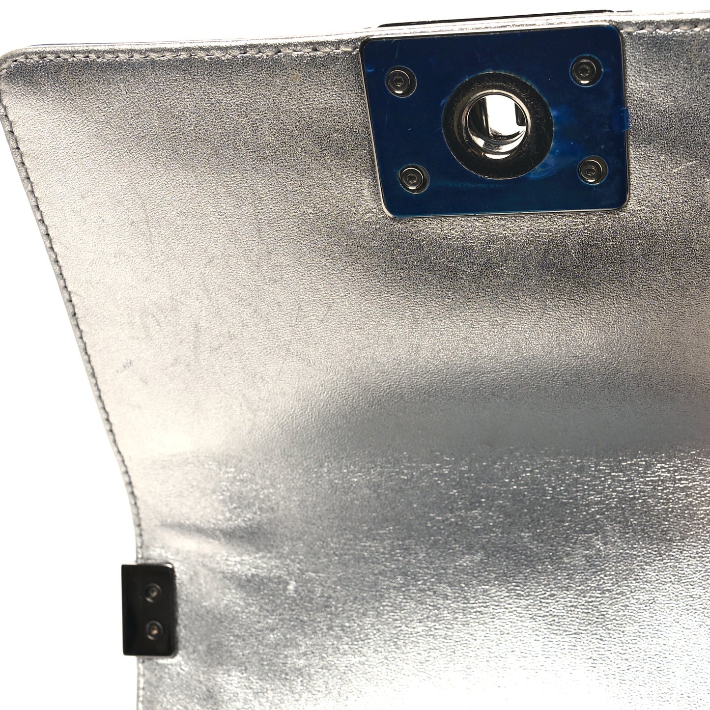 Metallic Patent Calfskin Quilted Small Boy Flap Silver
