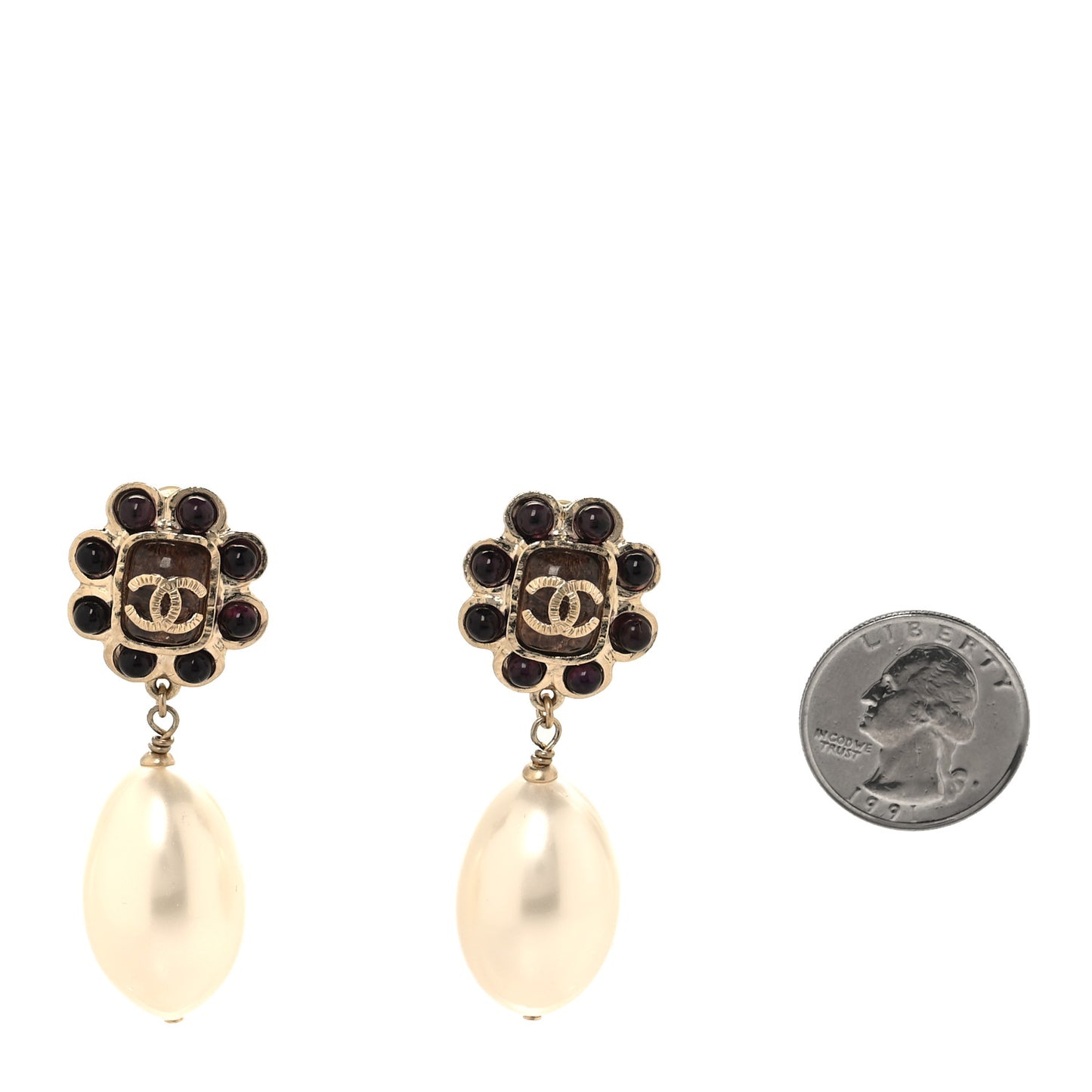 Pearl Gripoix CC Drop Clip On Earrings Gold Multicolor