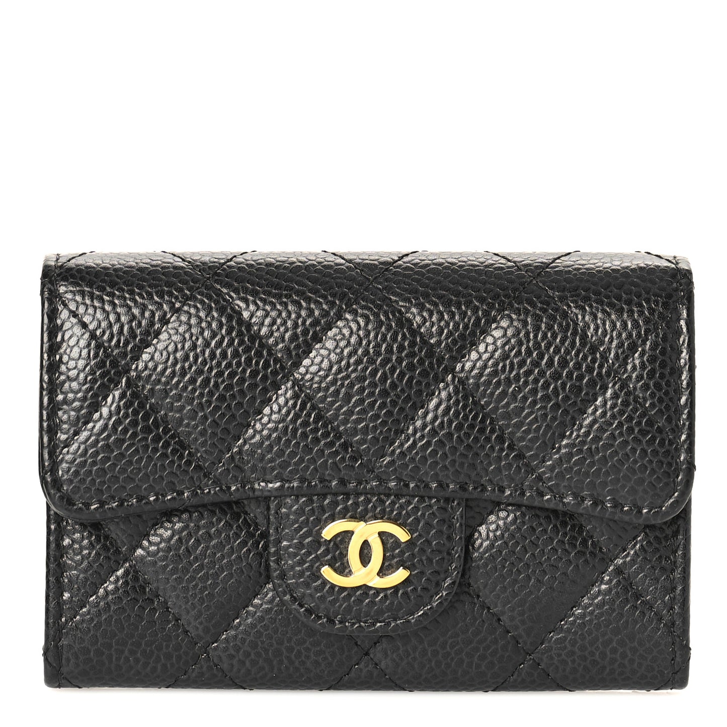 Caviar Quilted Flap Card Holder Wallet Black