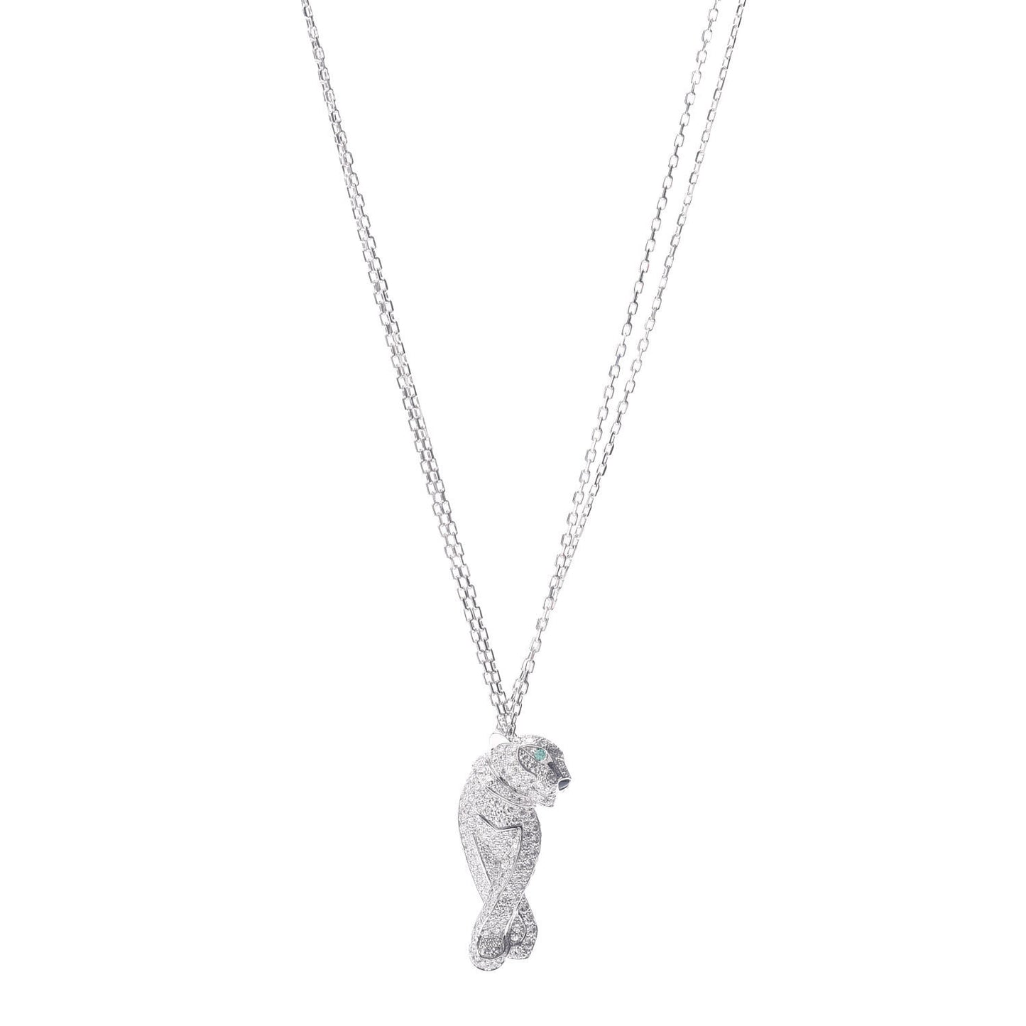 18K White Gold Diamond Onyx Emerald Panthere De Pendant Necklace