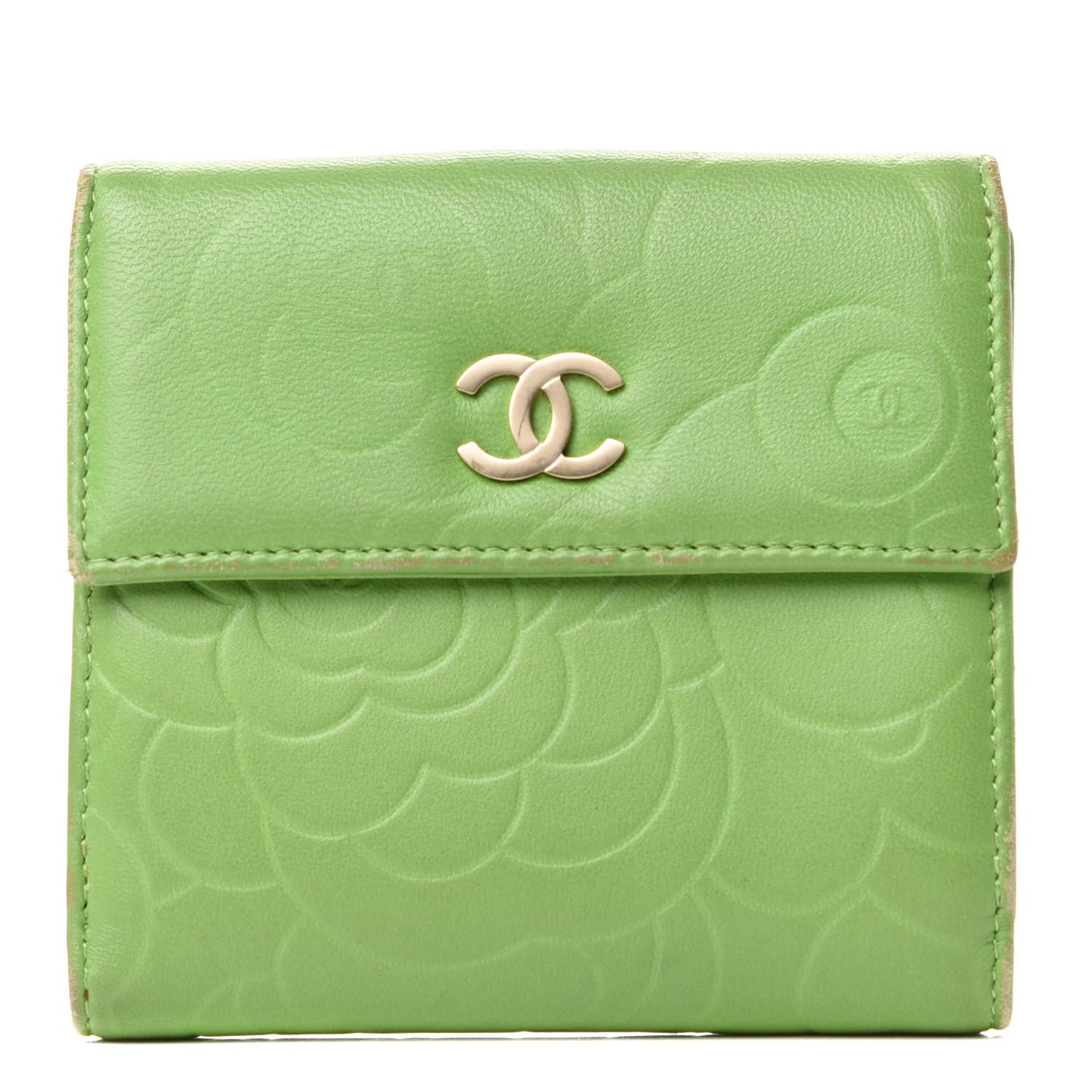 Lambskin Embossed Camellia French Wallet Light Green