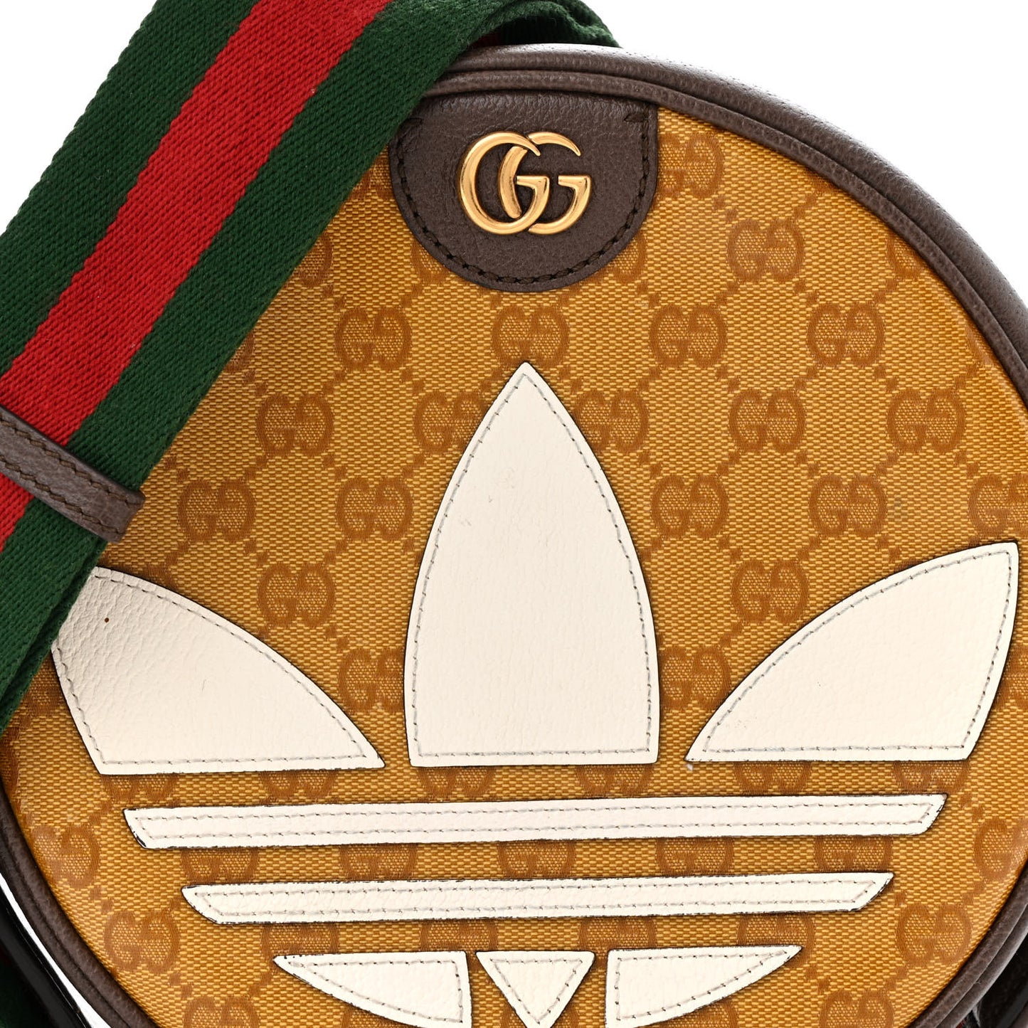 X ADIDAS Crystal Vintage Monogram Textured Dollar Calfskin Web Trefoil Small Ophidia Round Shoulder Bag Mid Natural Nut Off White New Acero